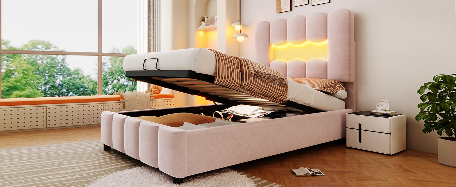 Logidon upholstered bed 90x200 pink velvet LED lighting hydraulic