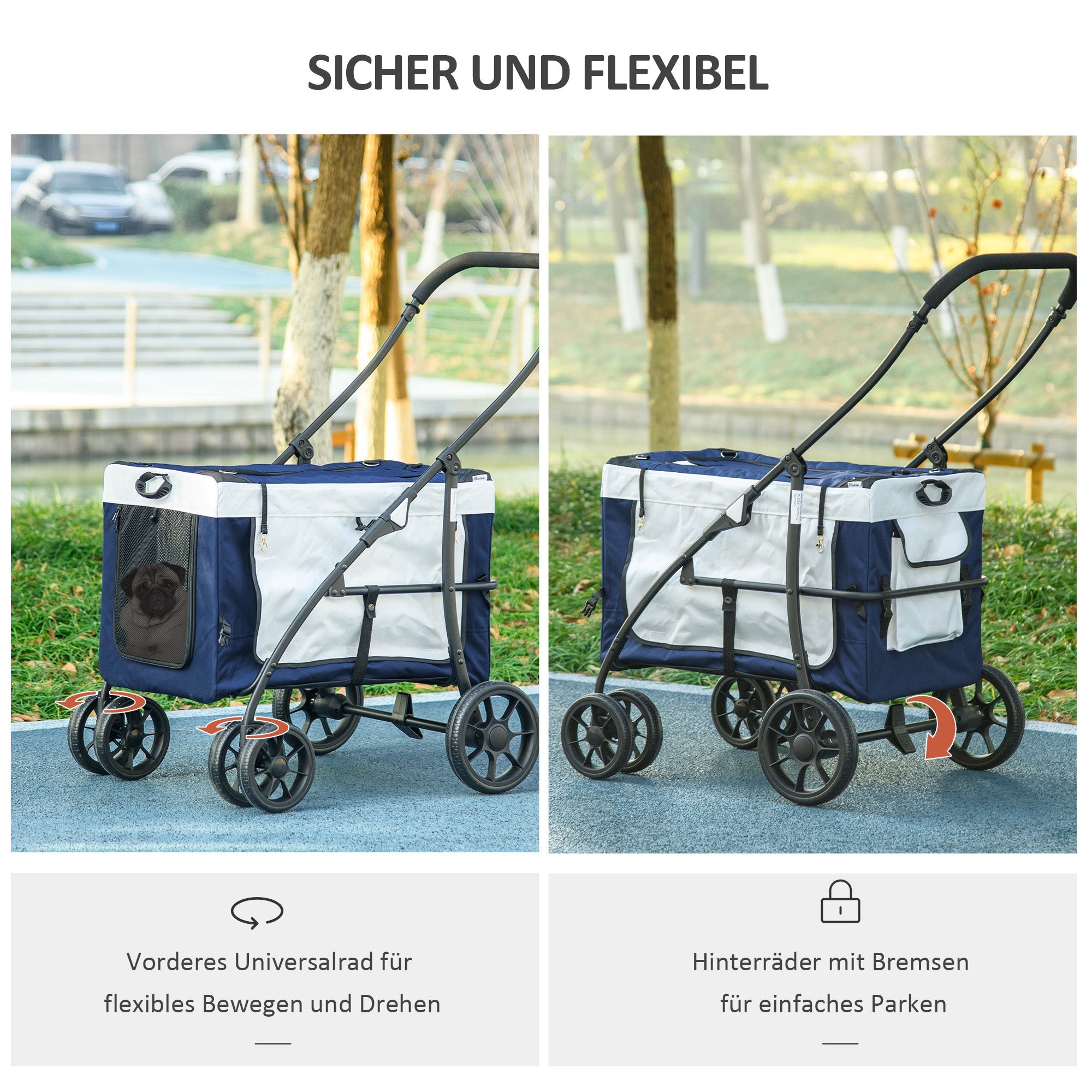 Logidon 2 in 1 hondenbuggy blauw afneembare mand met veiligheidslijnen