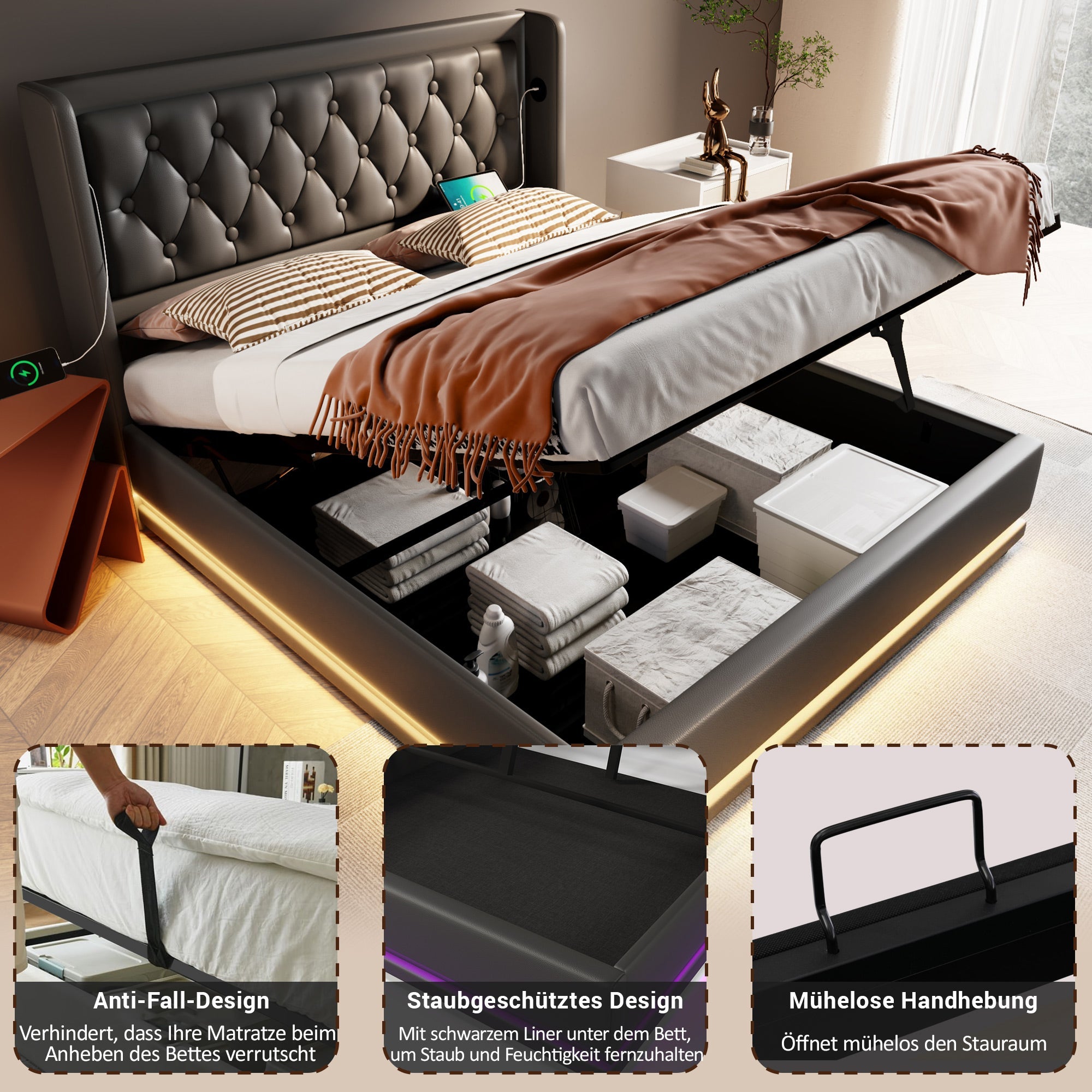 Logidon gestoffeerd bed 160x200 zwart PU met opbergruimte USB-C oplaadfunctie