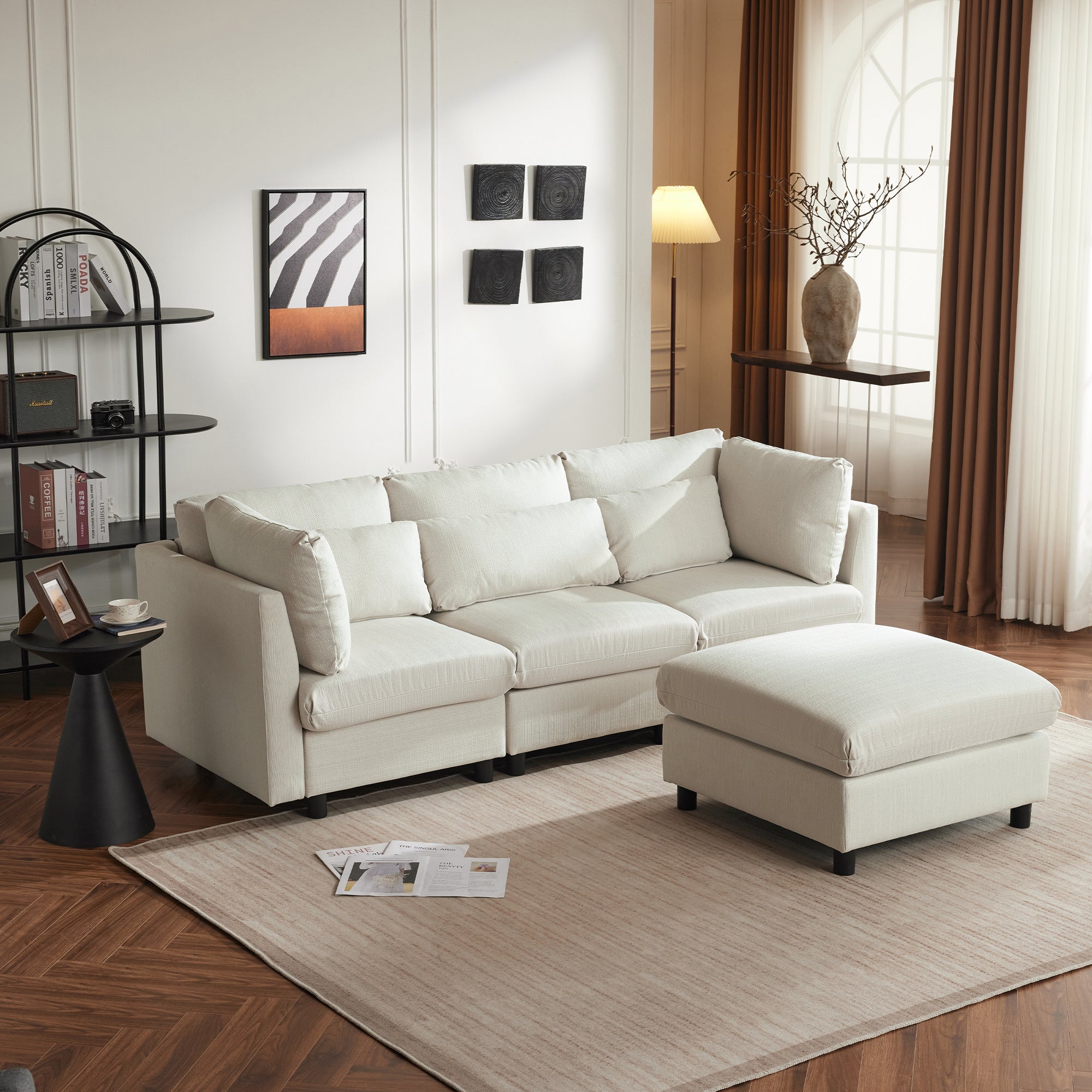 Logidon hoekbank beige stof moderne driezitsbank met voetenbank