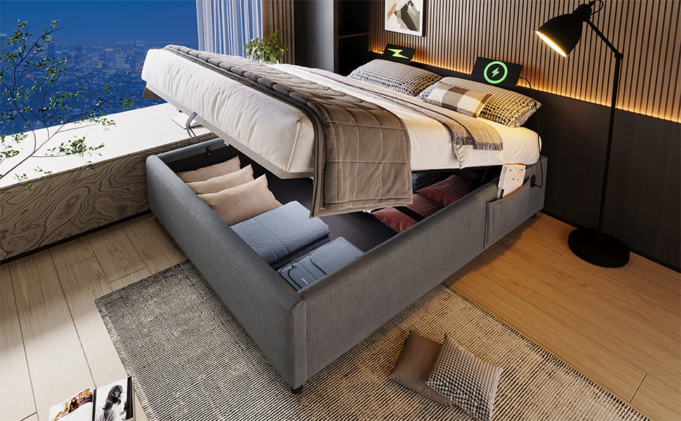 Logidon upholstered bed 160x200 gray with USB C and full-surface slatted frame
