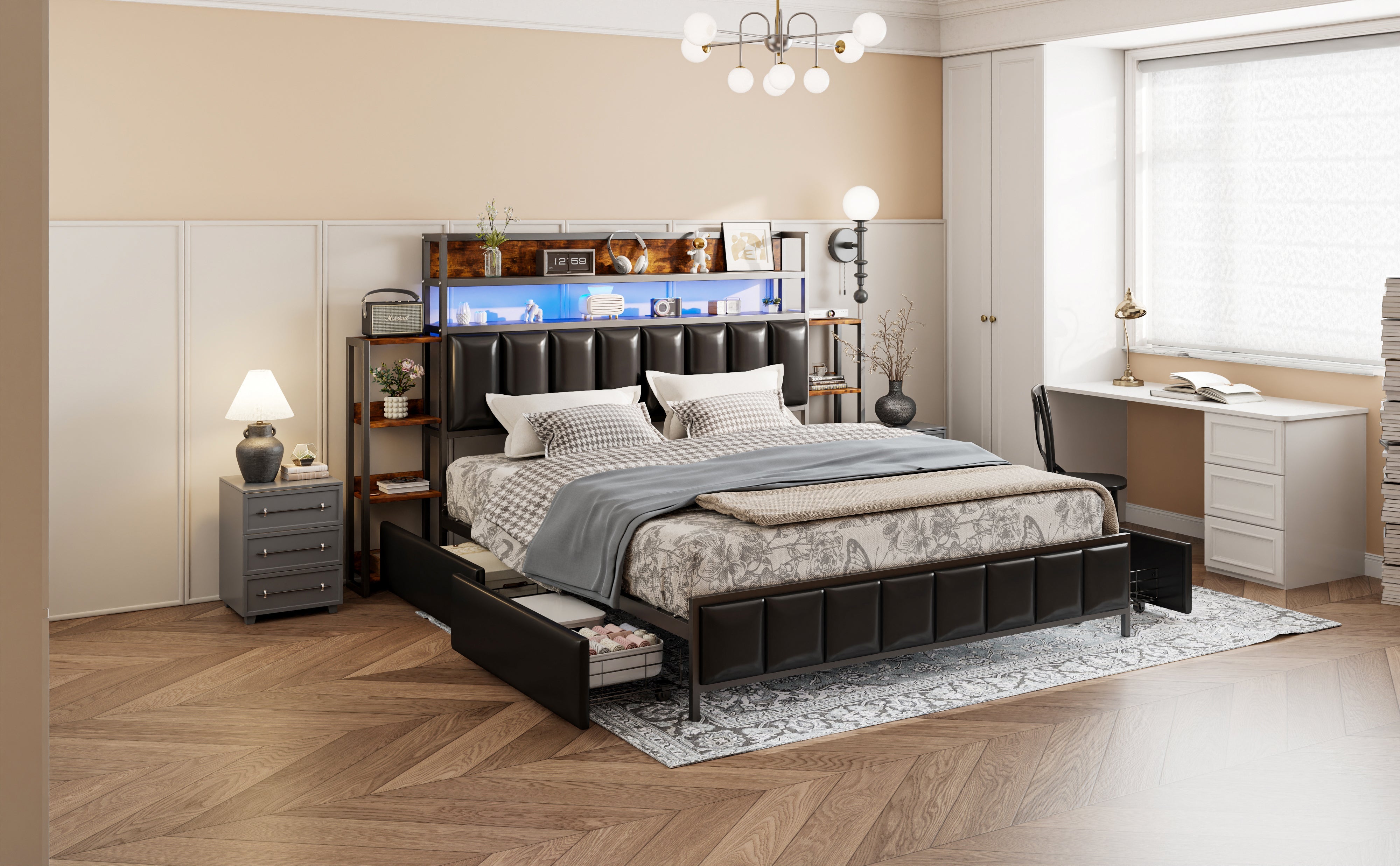 Logidon upholstered bed 160x200 cm with LED lighting storage space black