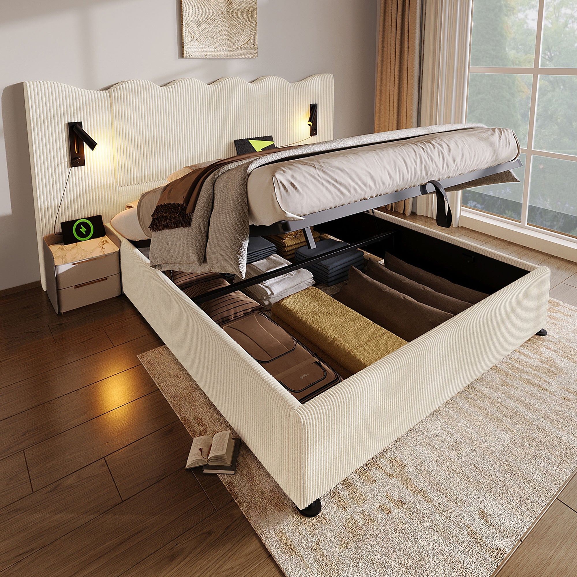 Logidon gestoffeerd bed tweepersoonsbed 180x200 beige-wit leeslamp USB-C opladen