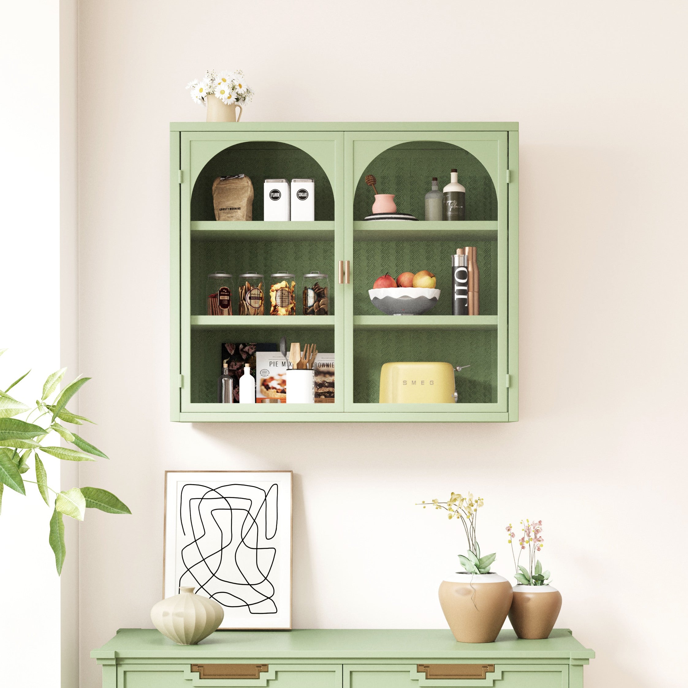 Logidon wanddoos 70 cm groene glazen deuren met drie opbergniveaus