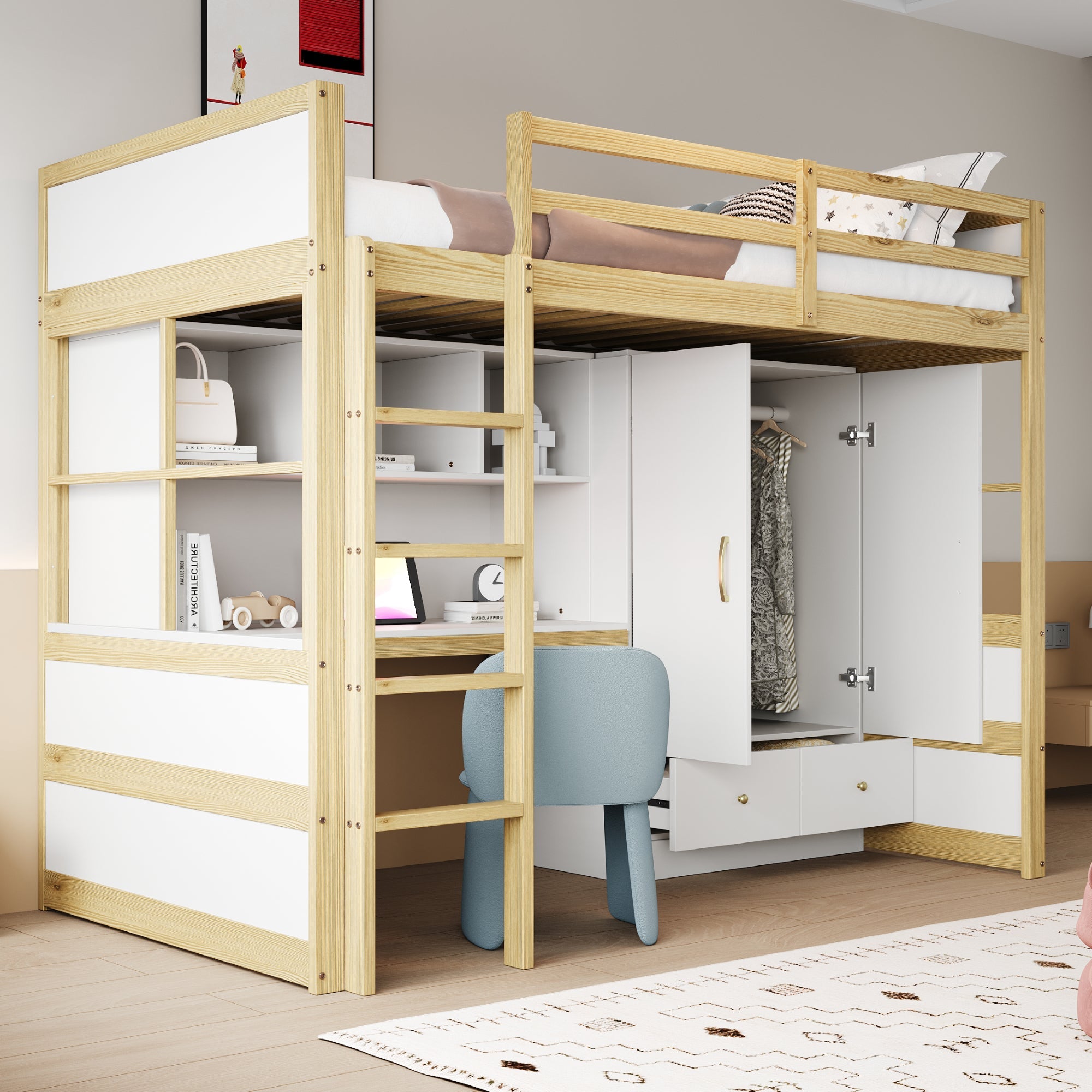 Logidon hoogslaper 90x200 cm met bureau en opbergruimte naturel hout