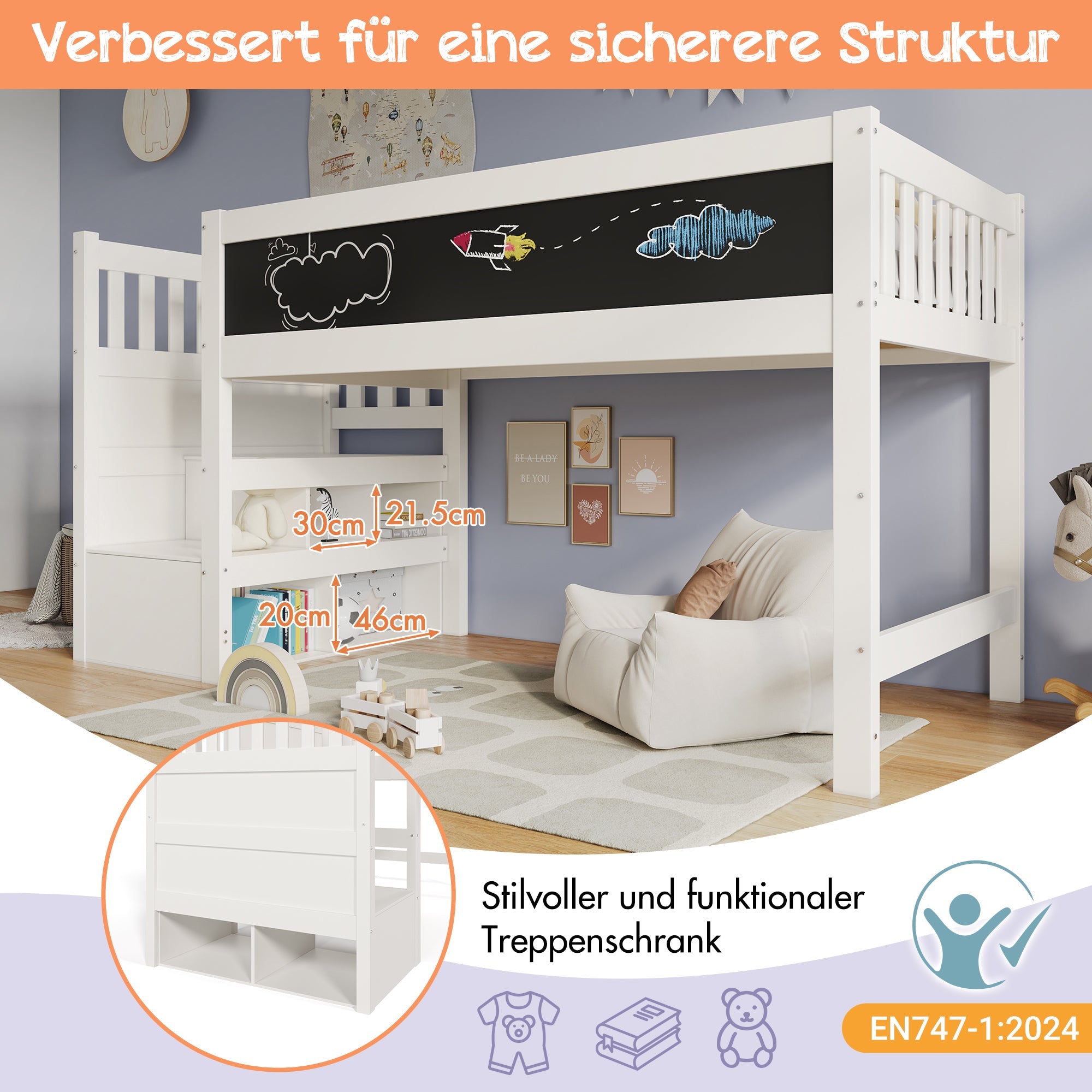 Logidon hoogslaper 90x200 kinderbed met whiteboard wit