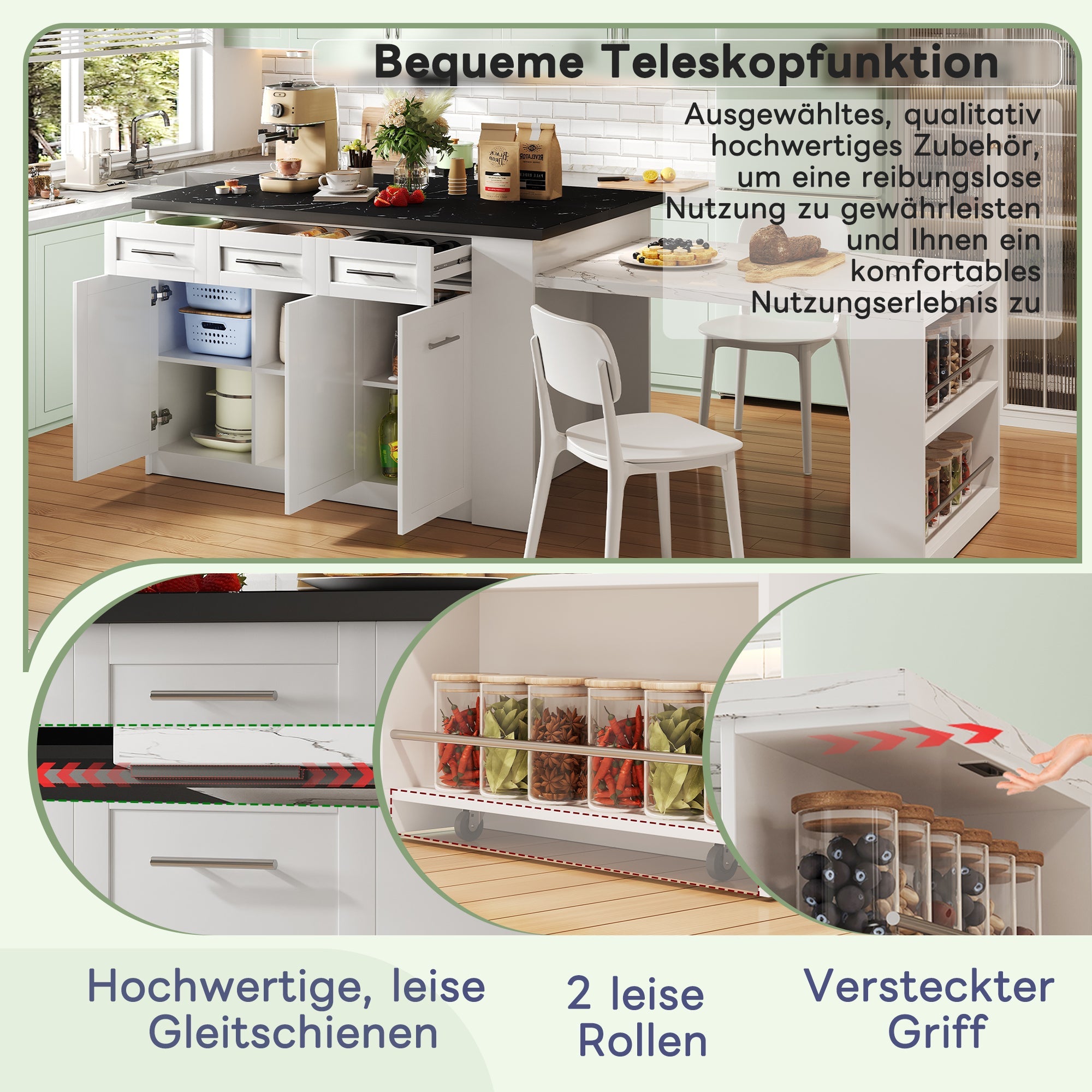 Logidon keukeneiland 150x96 cm wit met marmeren blad uitschuifbare eettafel