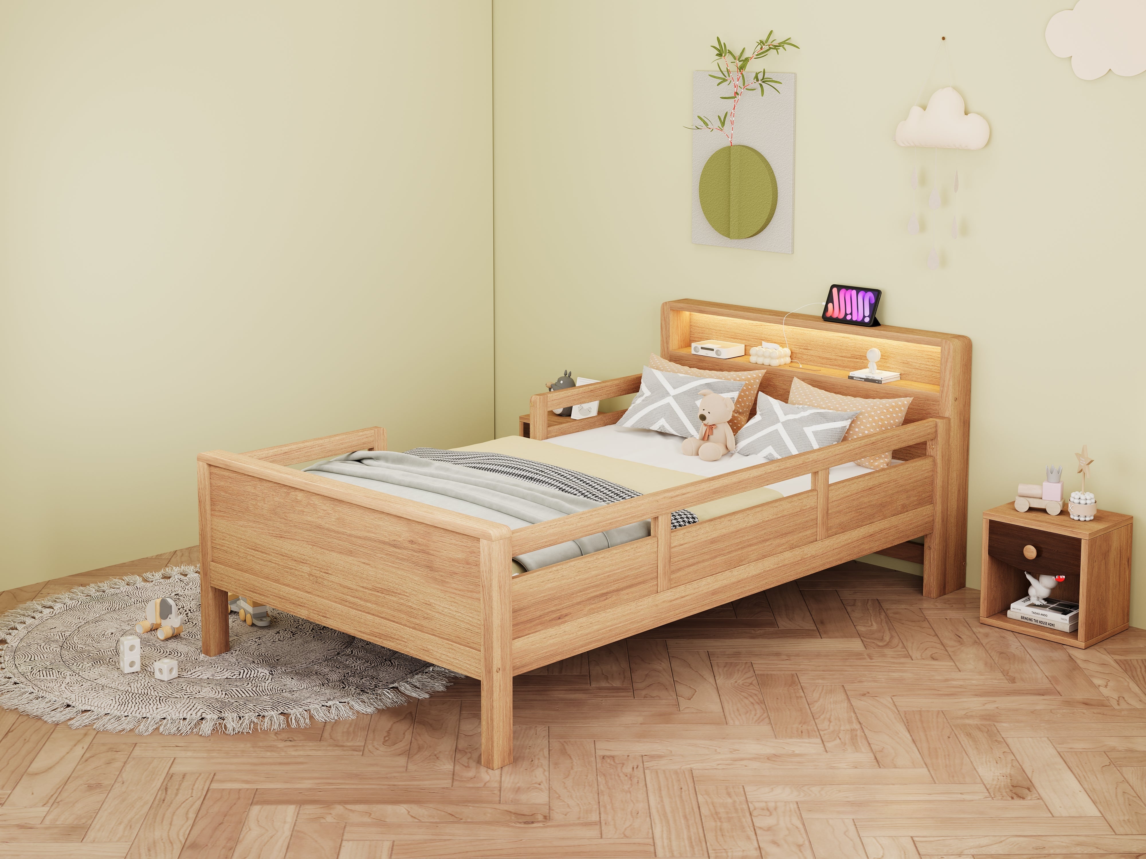 Logidon houten bed 90x200 cm naturel met USB-C stopcontact en LED