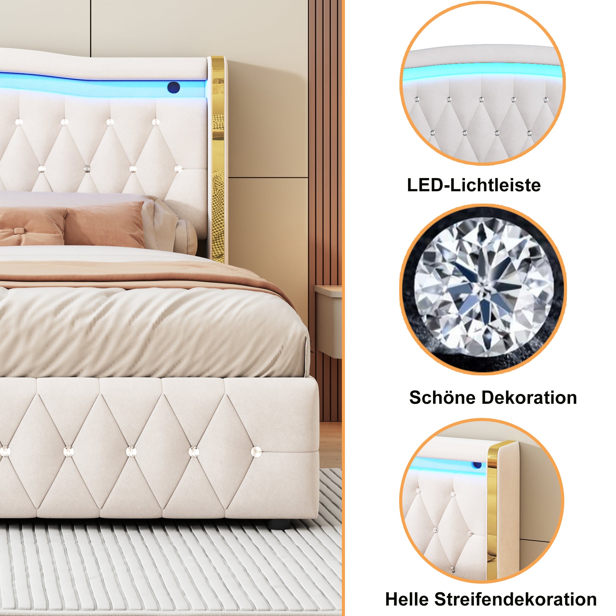 Logidon gestoffeerd bed 140x200 beige fluweel LED-verlichting hydraulisch