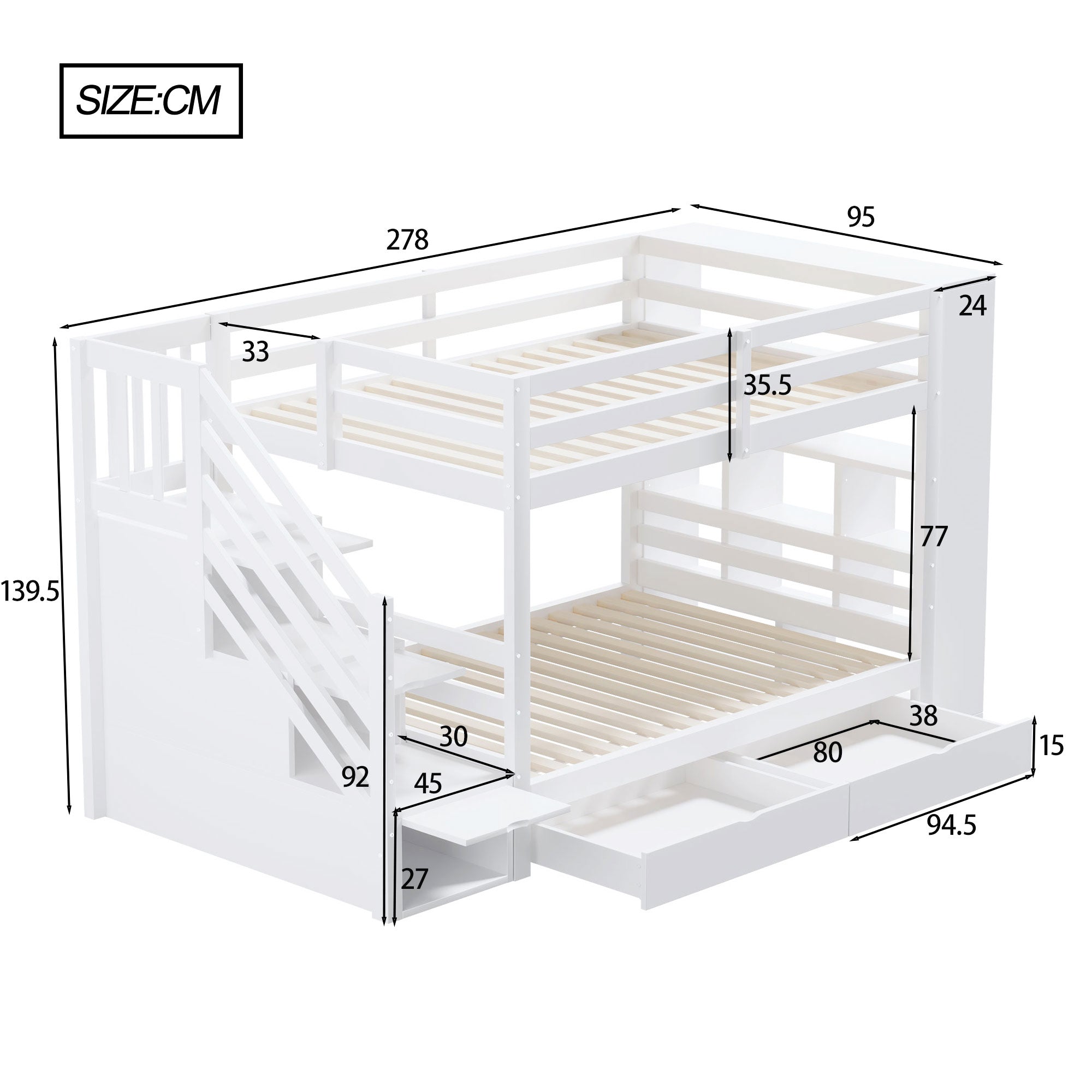 Logidon stapelbed 90x200 cm met veiligheidstrap en opbergruimte wit