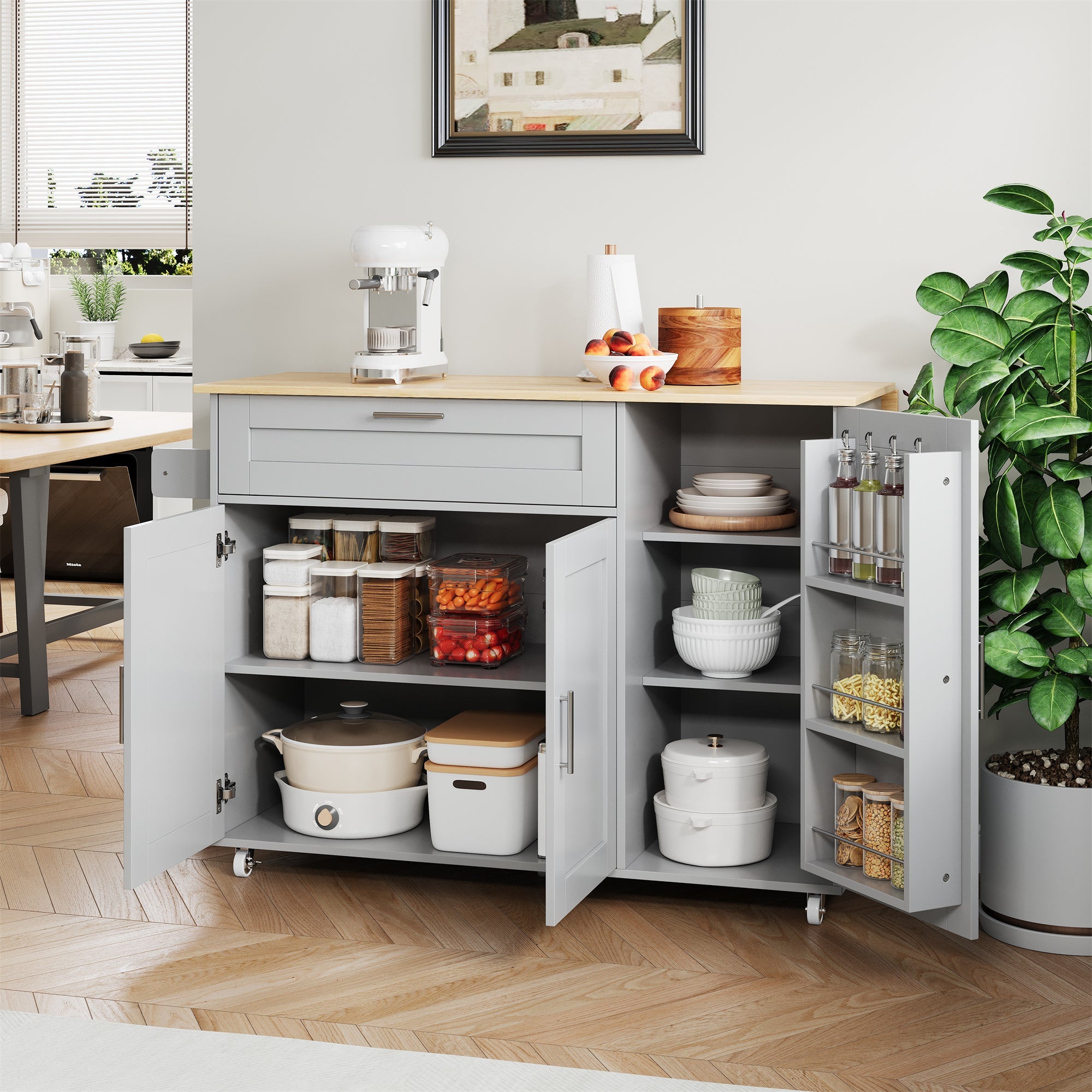 Logidon mobile kitchen table with folding top oak grain