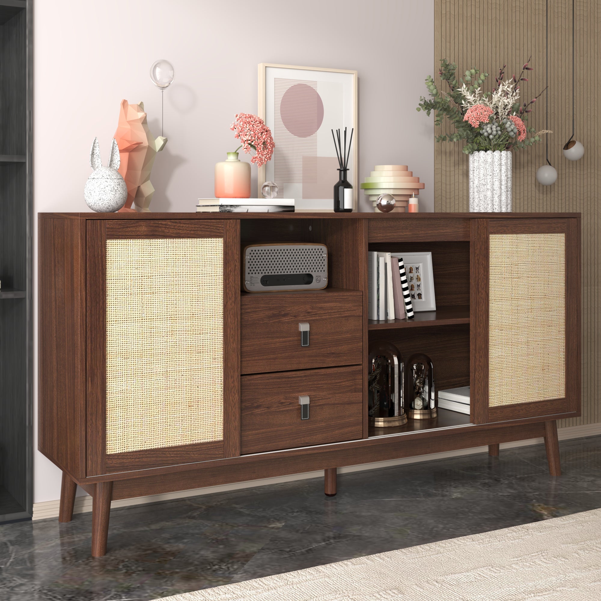 Logidon dressoir met rotan schuifdeuren en 2 lades 155x38x80 cm