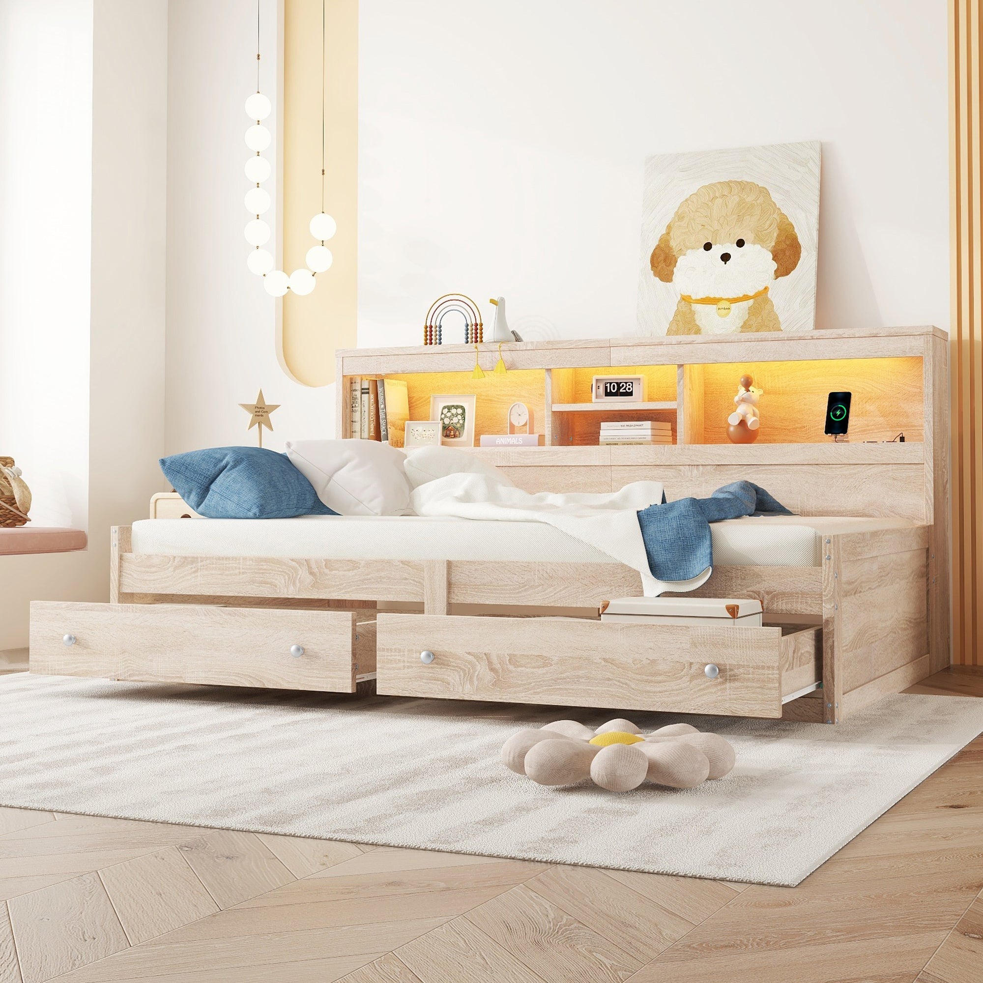 Logidon Daybed 90x200cm slaapbank met sfeerverlichting USB naturel