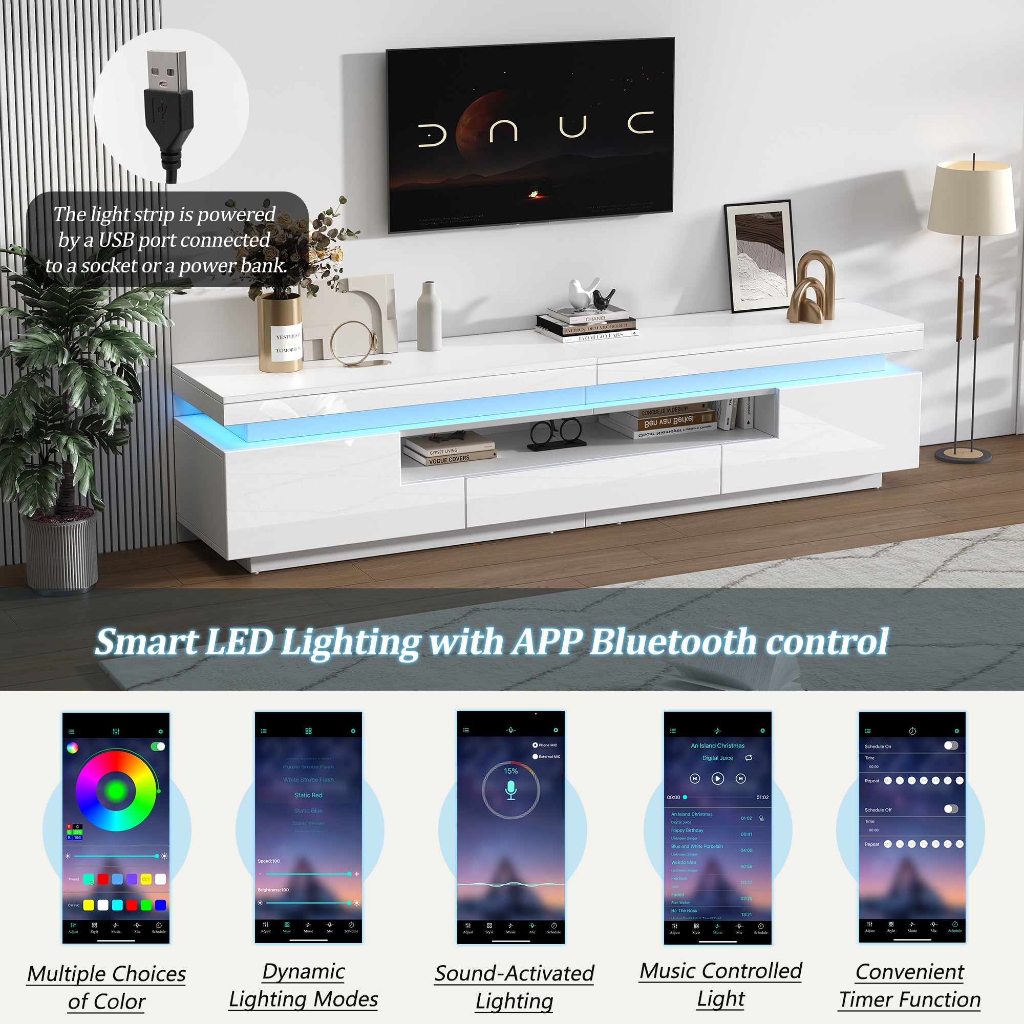 Logidon wit hoogglans LED lowboard 175x38x45 cm met 2 kasten