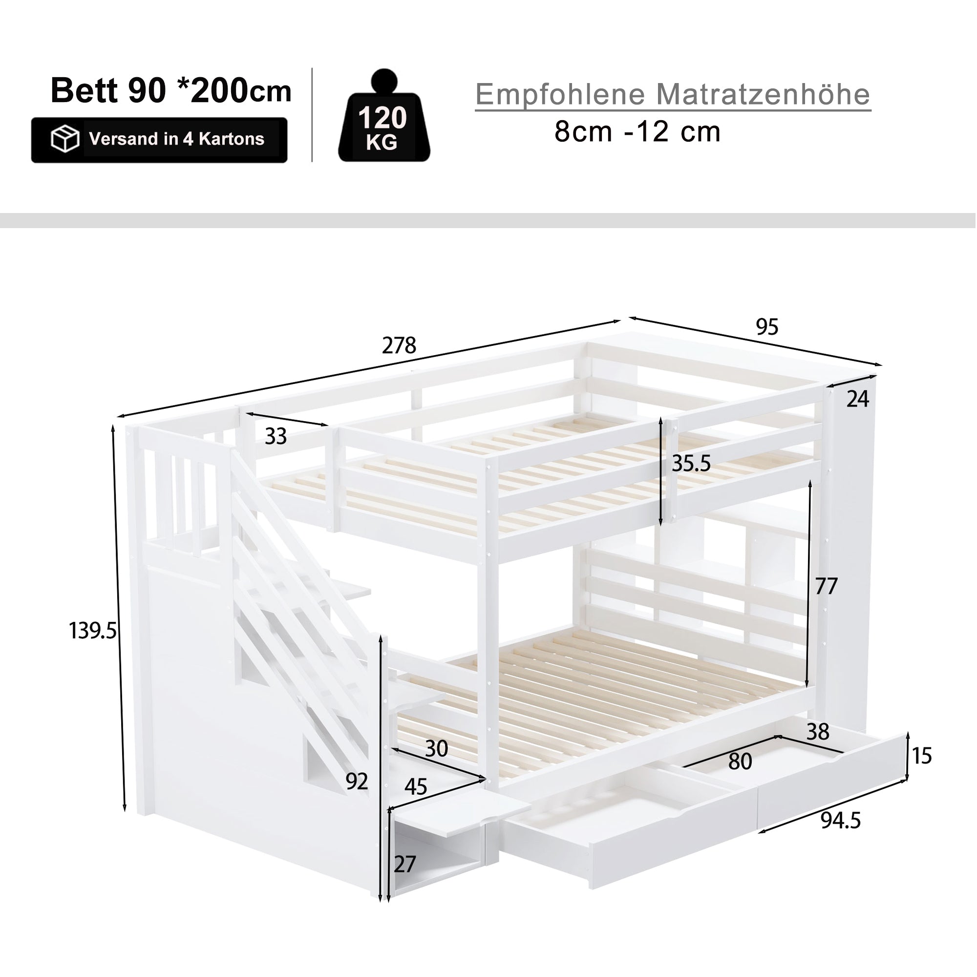 Logidon stapelbed 90x200 cm met veiligheidstrap en opbergruimte wit