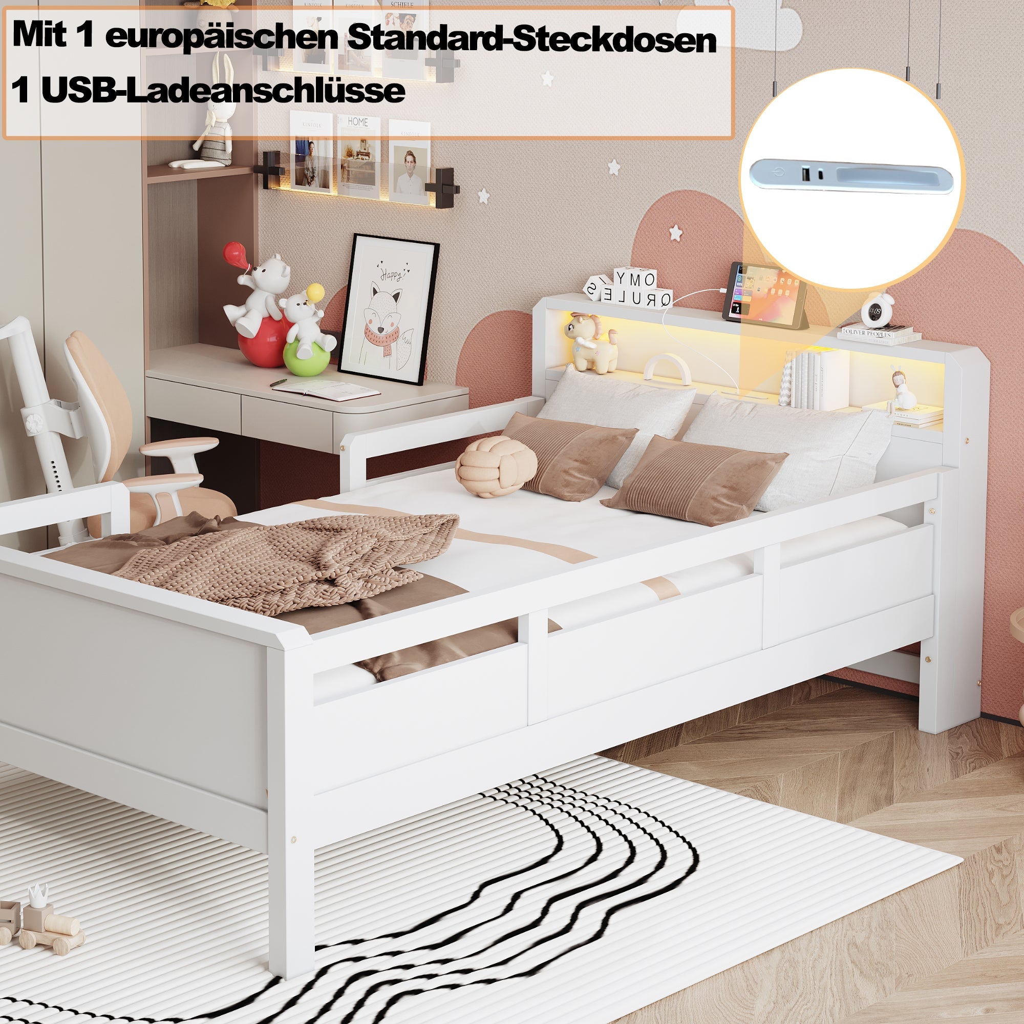 Logidon houten bed 90x200 cm USB C oplaadpunt LED hoofdbordplank wit