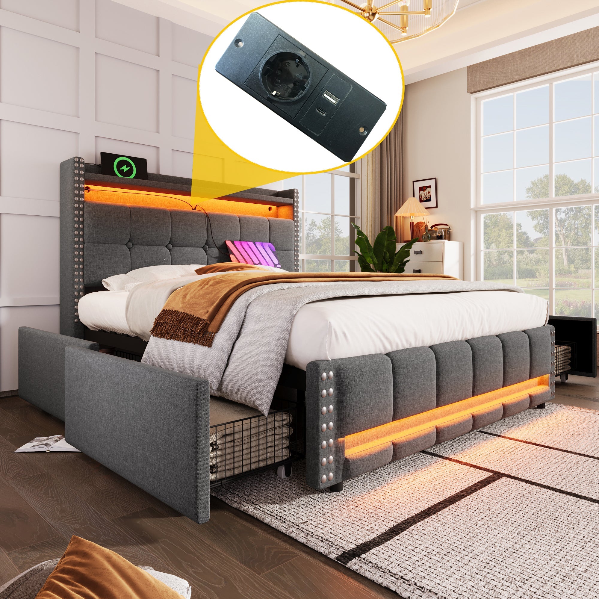 Logidon gestoffeerd bed 140x200 grijs met LED verlichting USB