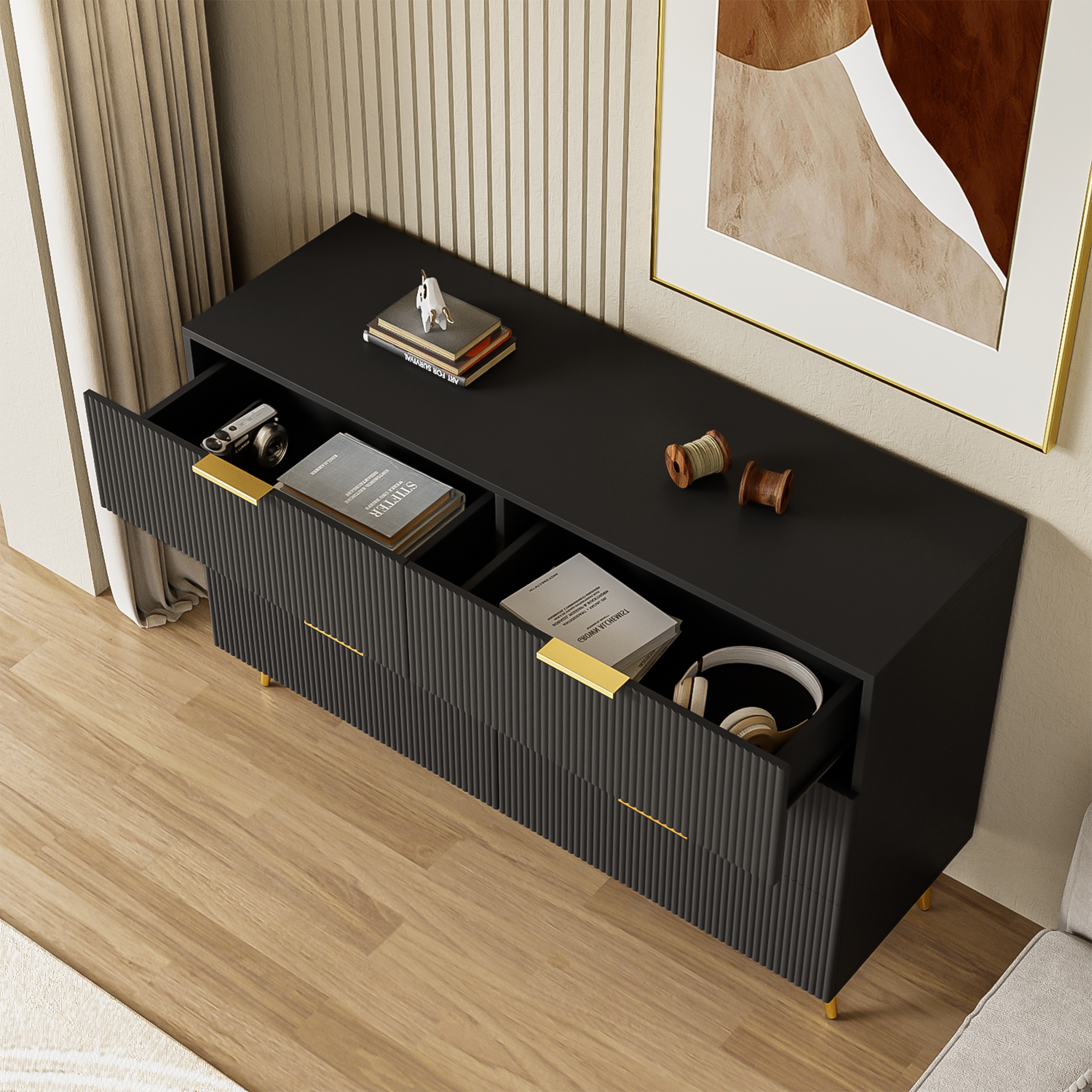 Logidon Elegant Dressoir Zwart Moderne Stijl 6 Laden