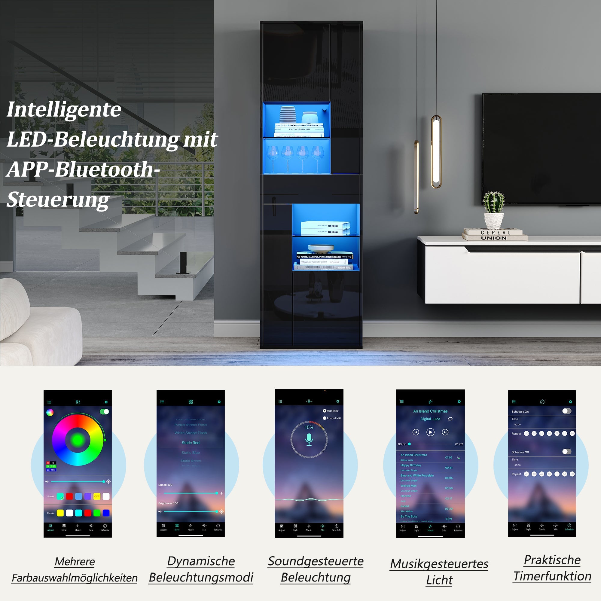 Logidon zwarte hoogglans glazen vitrine 55 x 38 x 170 cm LED-verlichting