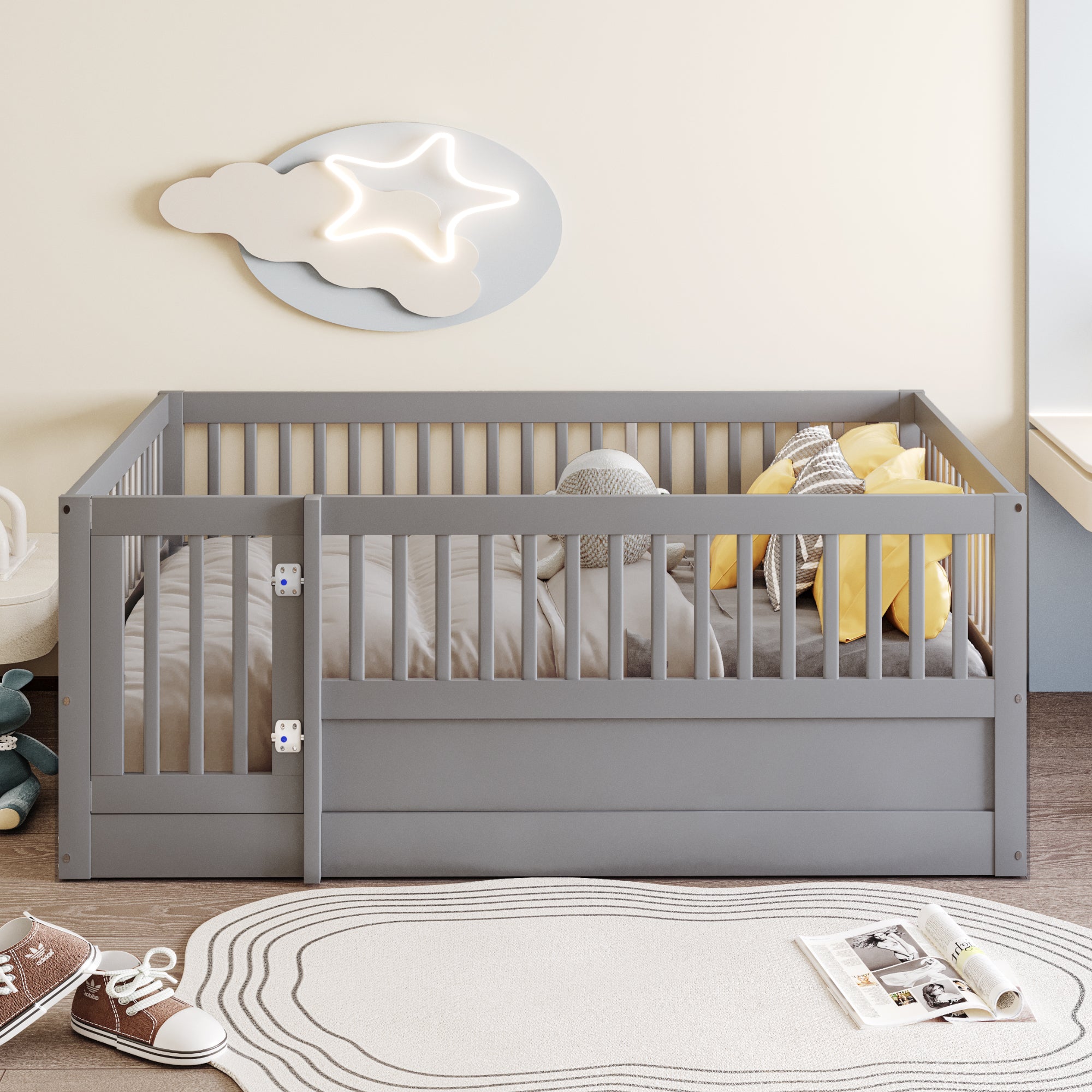 Logidon children's bed 140x200cm gray wooden bed frame with grid