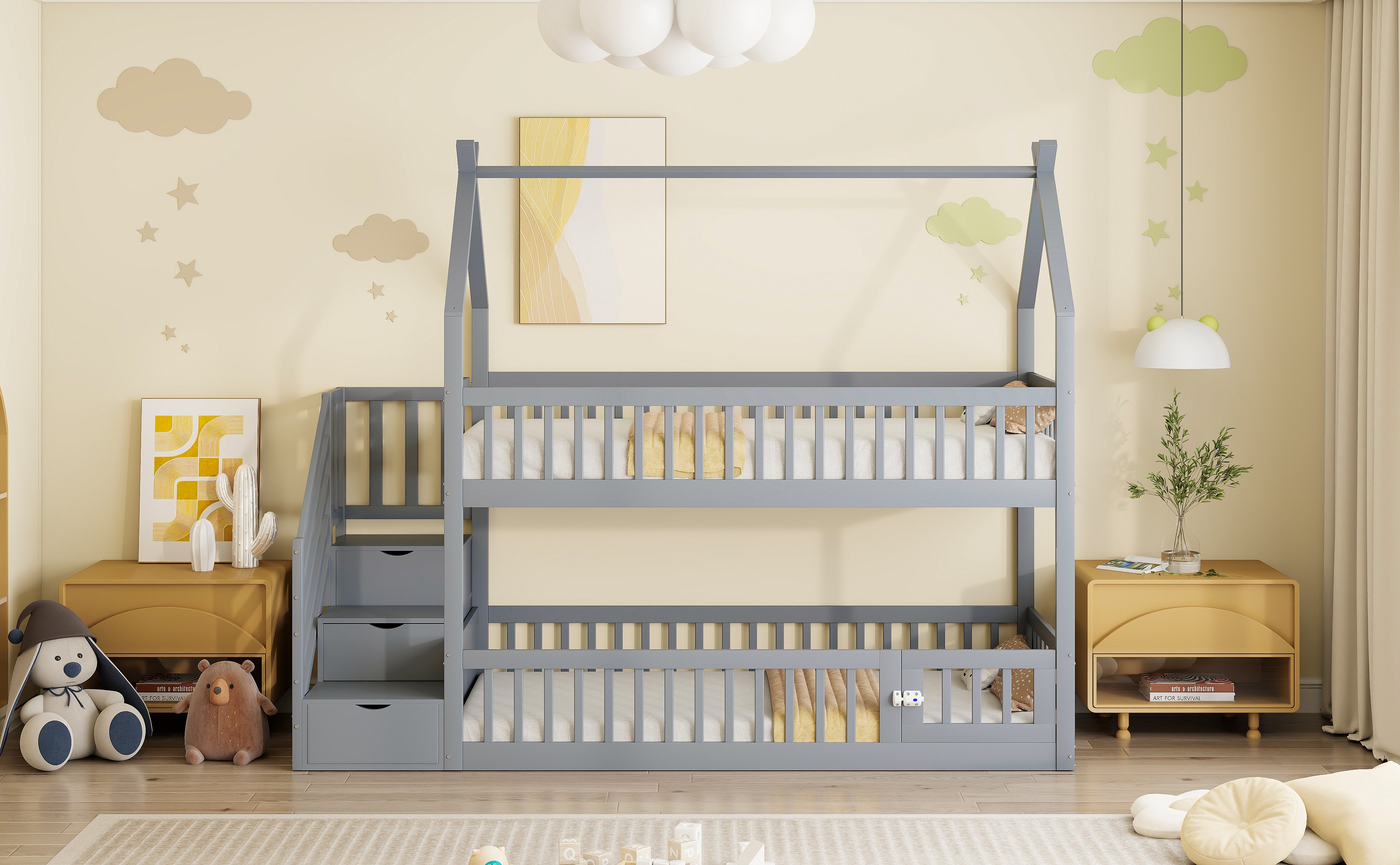 Logidon Bunk Bed 90x200 Gray With Roof Safety Stairs Storage Space