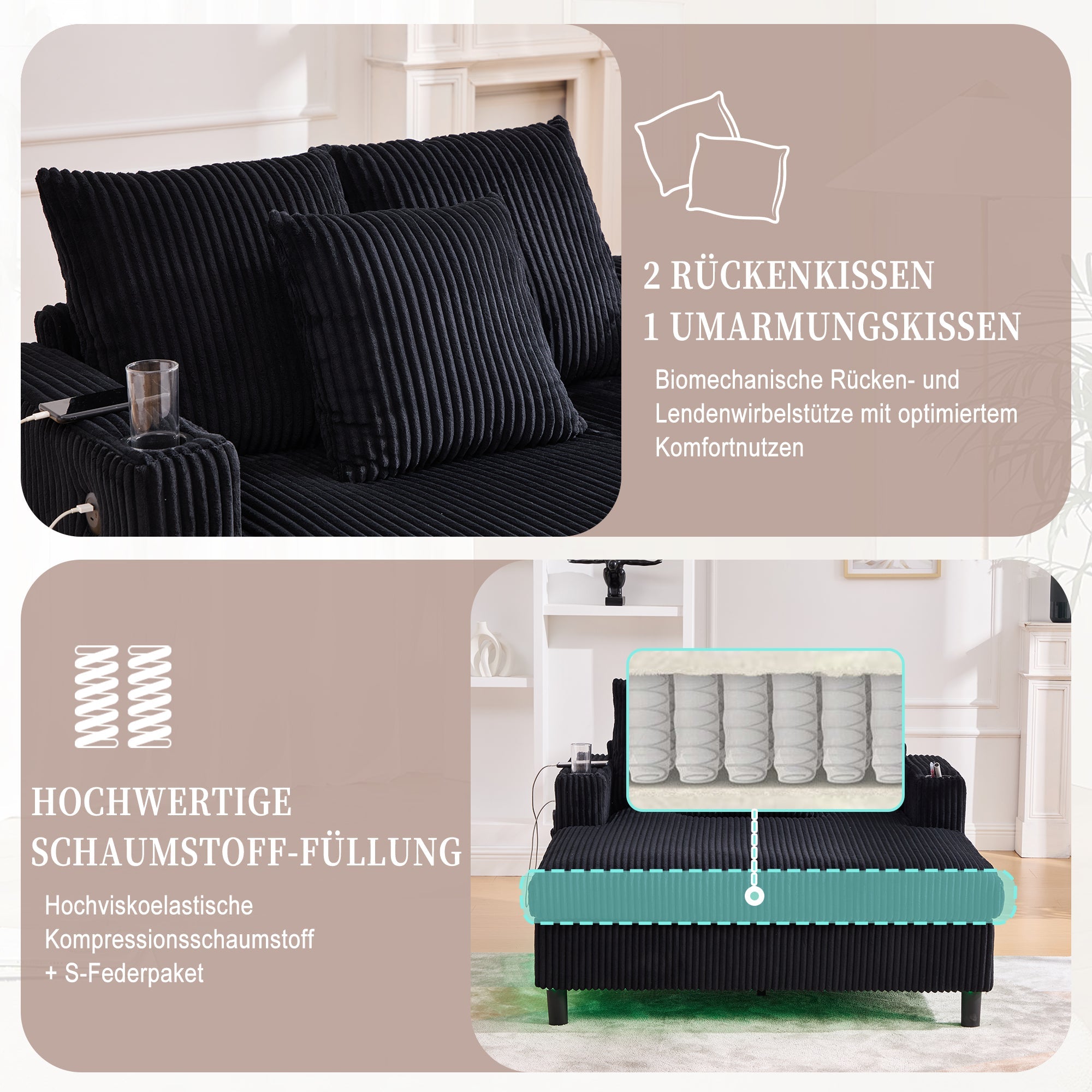 Logidon Velvet Chaise Longue Zwart met USB-oplaadpunten en LED-verlichting