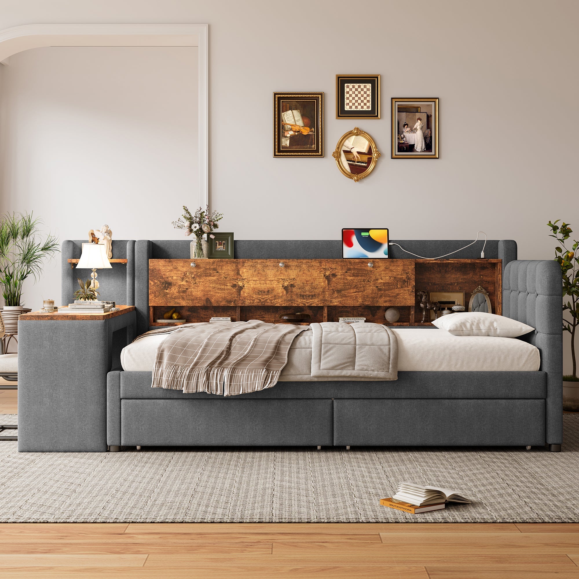 Logidon Daybed 90x200 cm slaapbank met bureau grijs USB Type C