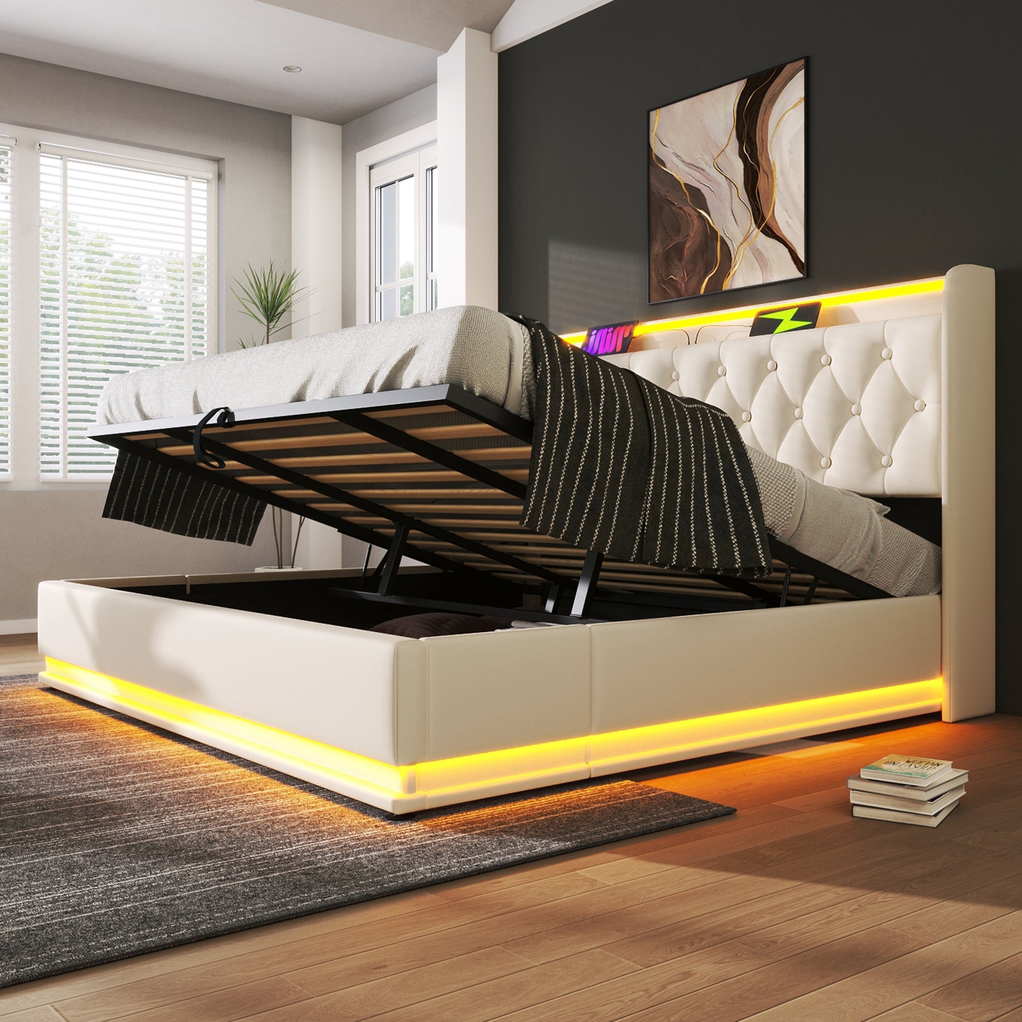 Logidon gestoffeerd bed tweepersoonsbed 180x200 cm wit PU, 360 surround LED