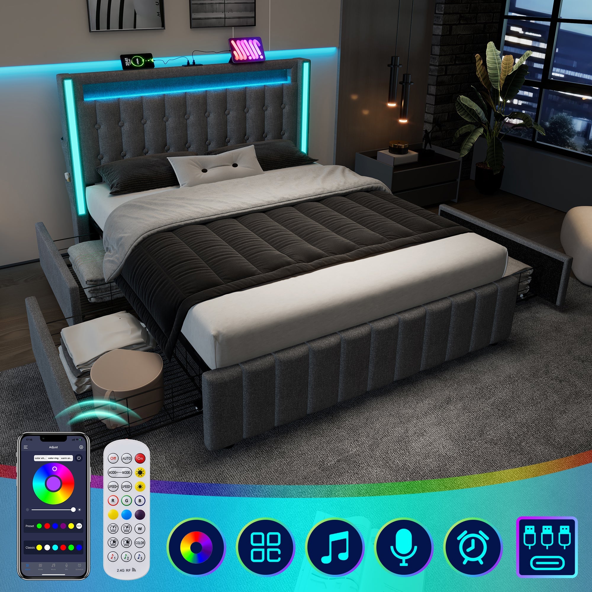 Logidon upholstered bed 160x200 USB C charging function LED lighting 4 drawers gray