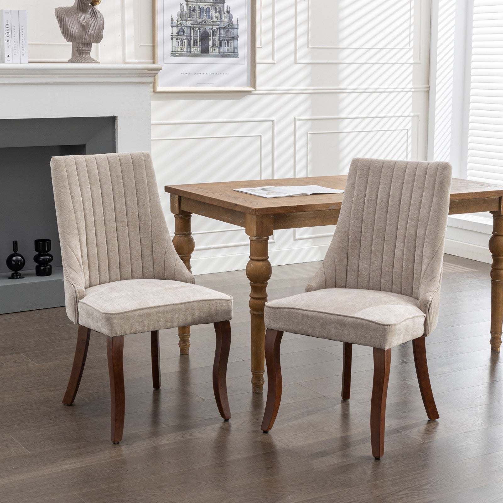 Logidon beige chenille eetkamerstoelen set van 2 massief houten poten