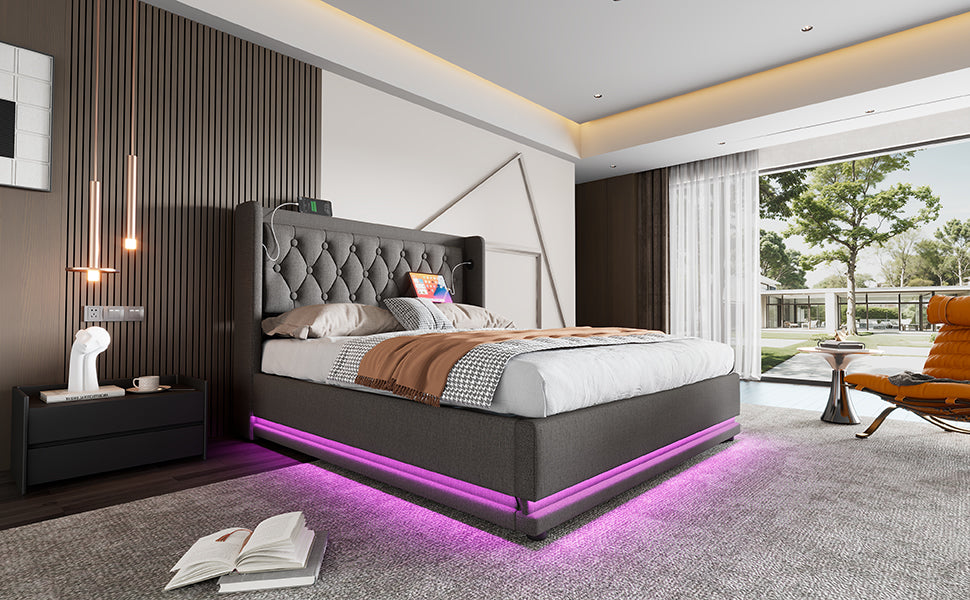 Logidon gestoffeerd bed tweepersoonsbed 180x200 grijs USB TypeC oplaadfunctie