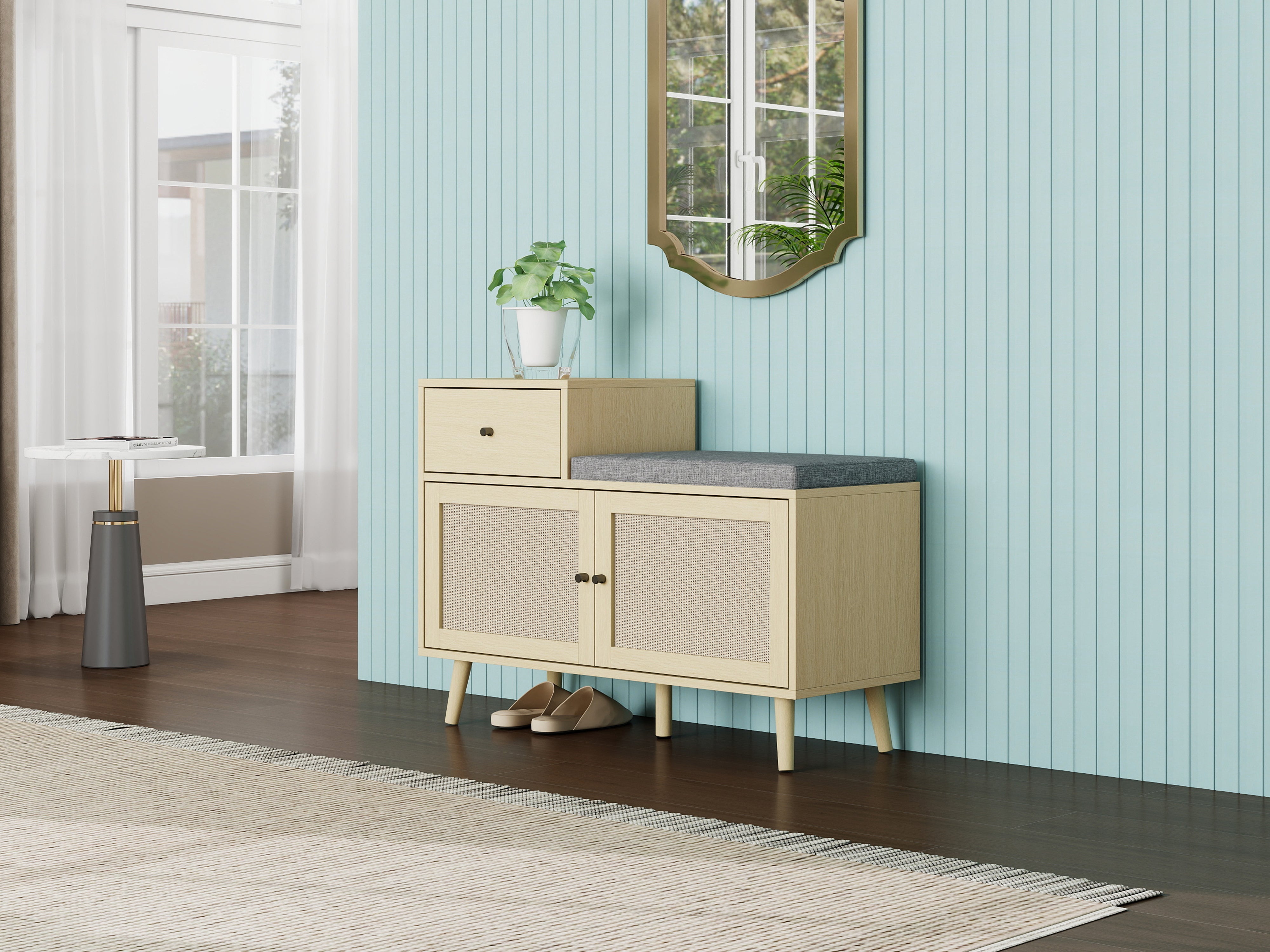 Logidon Boho shoe bench with rattan doors and drawer 90x35x65 cm