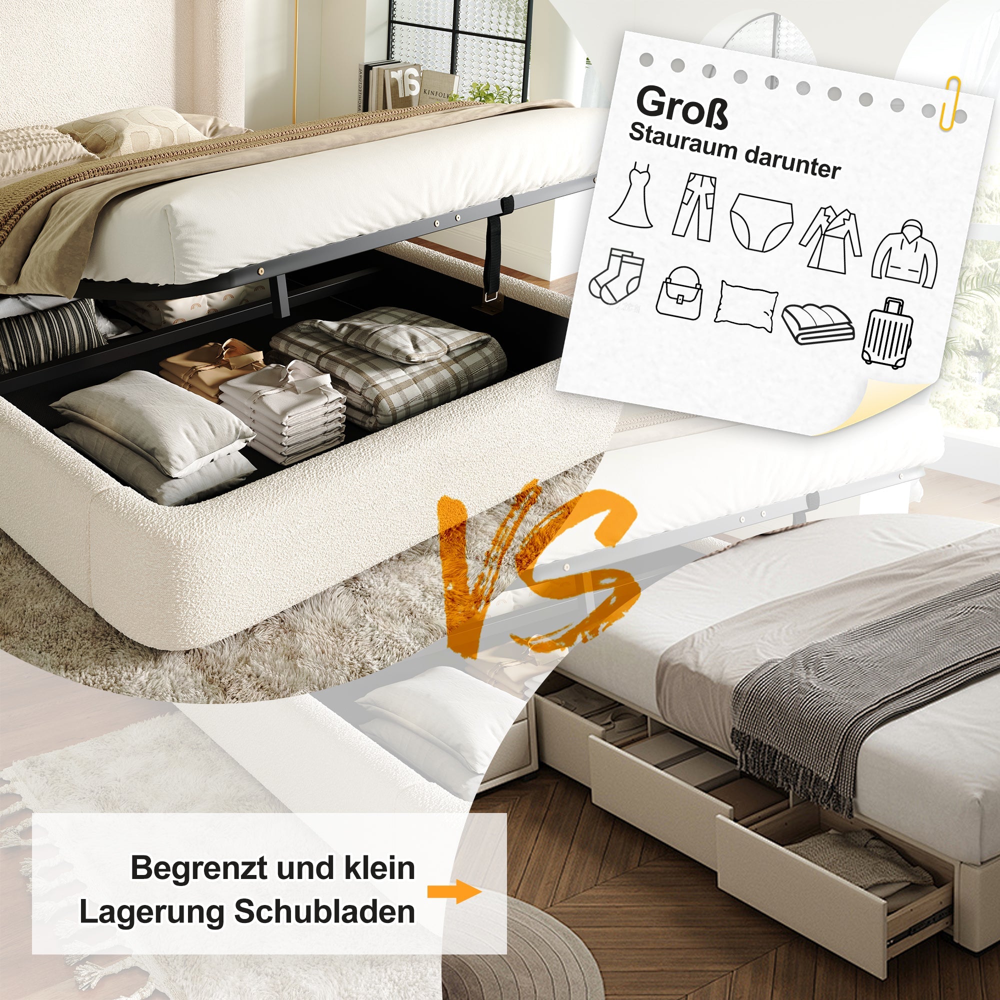 Logidon gestoffeerd bed tweepersoonsbed 160x200 beige bouclé met opbergruimte