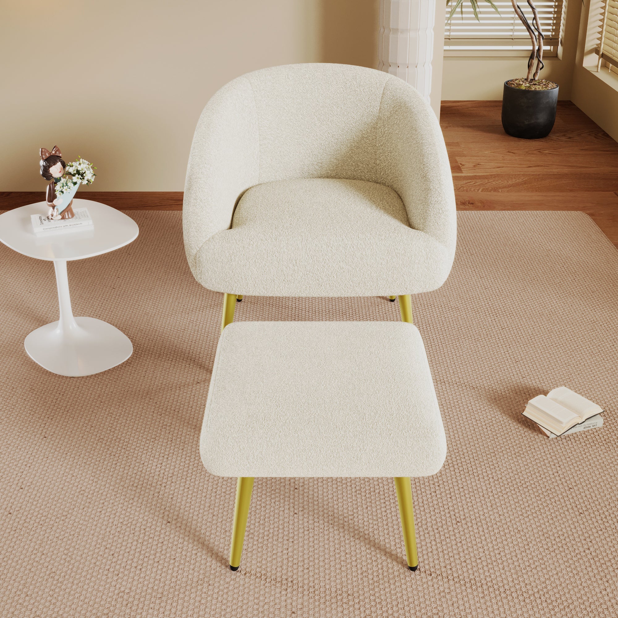 Logidon Modern Sherpa Upholstered Chair with Footstool White Gold Legs
