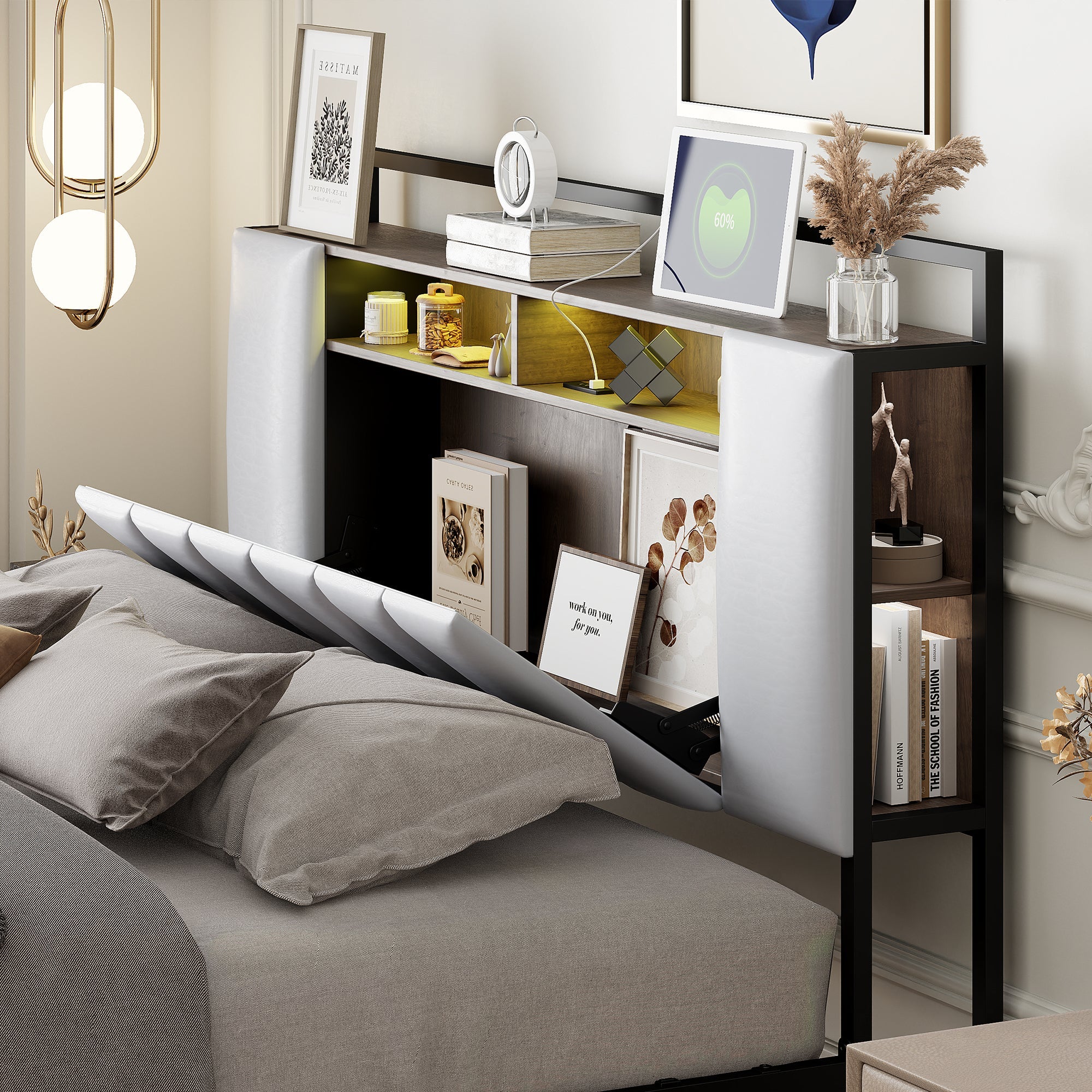 Logidon gestoffeerd bed 160x200 cm beige kunstleer met LED en USB