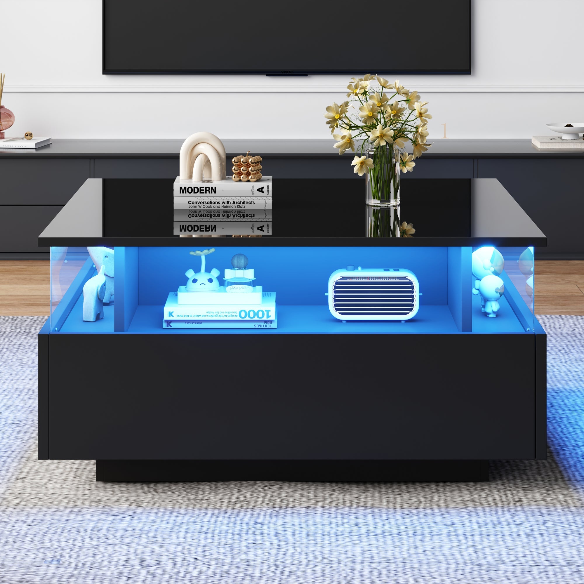Logidon hoogglans LED salontafel 90x55x45 cm zwart 2 lades