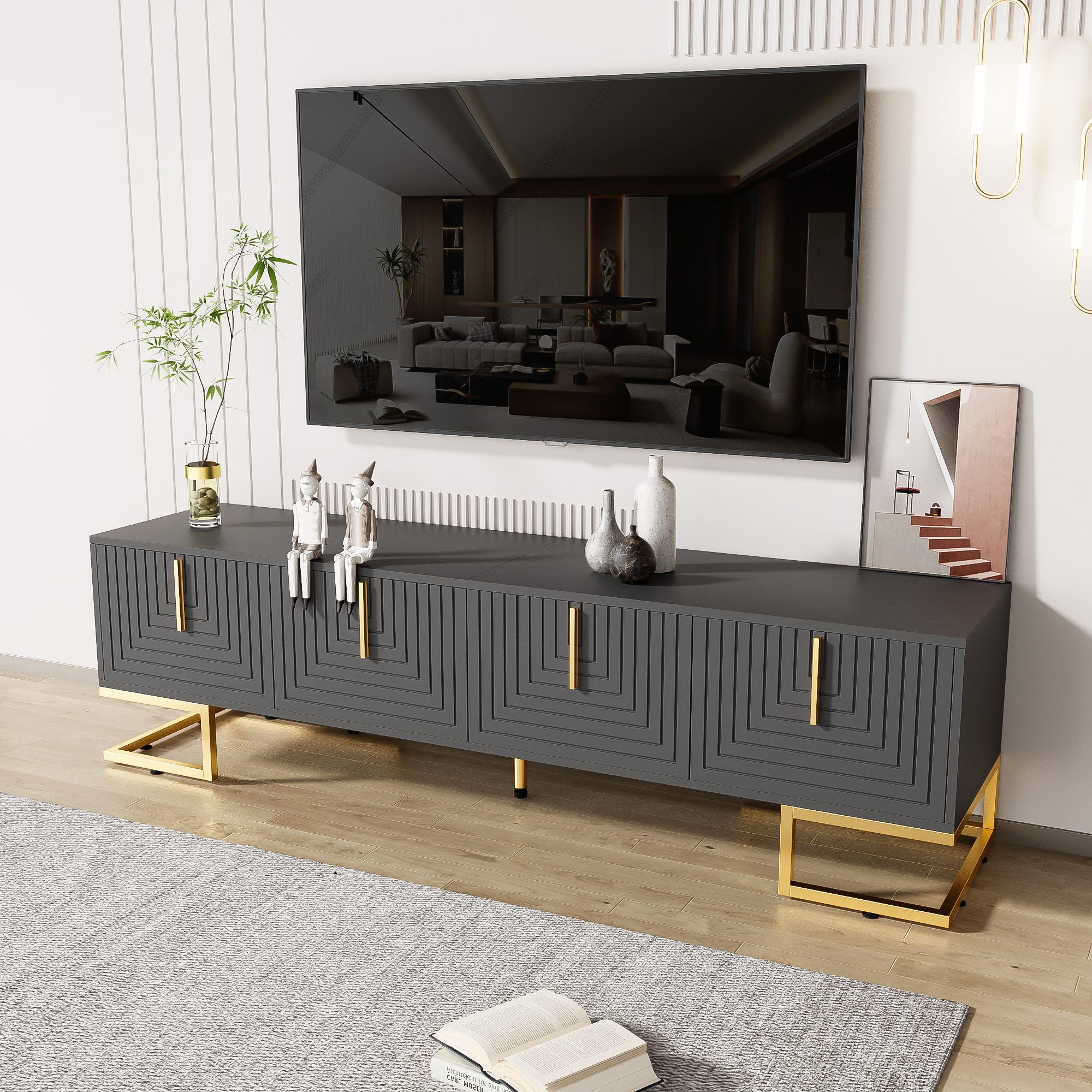 Logidon TV-meubel 170 cm Grijs Zwart met Gouden Accenten en Lades