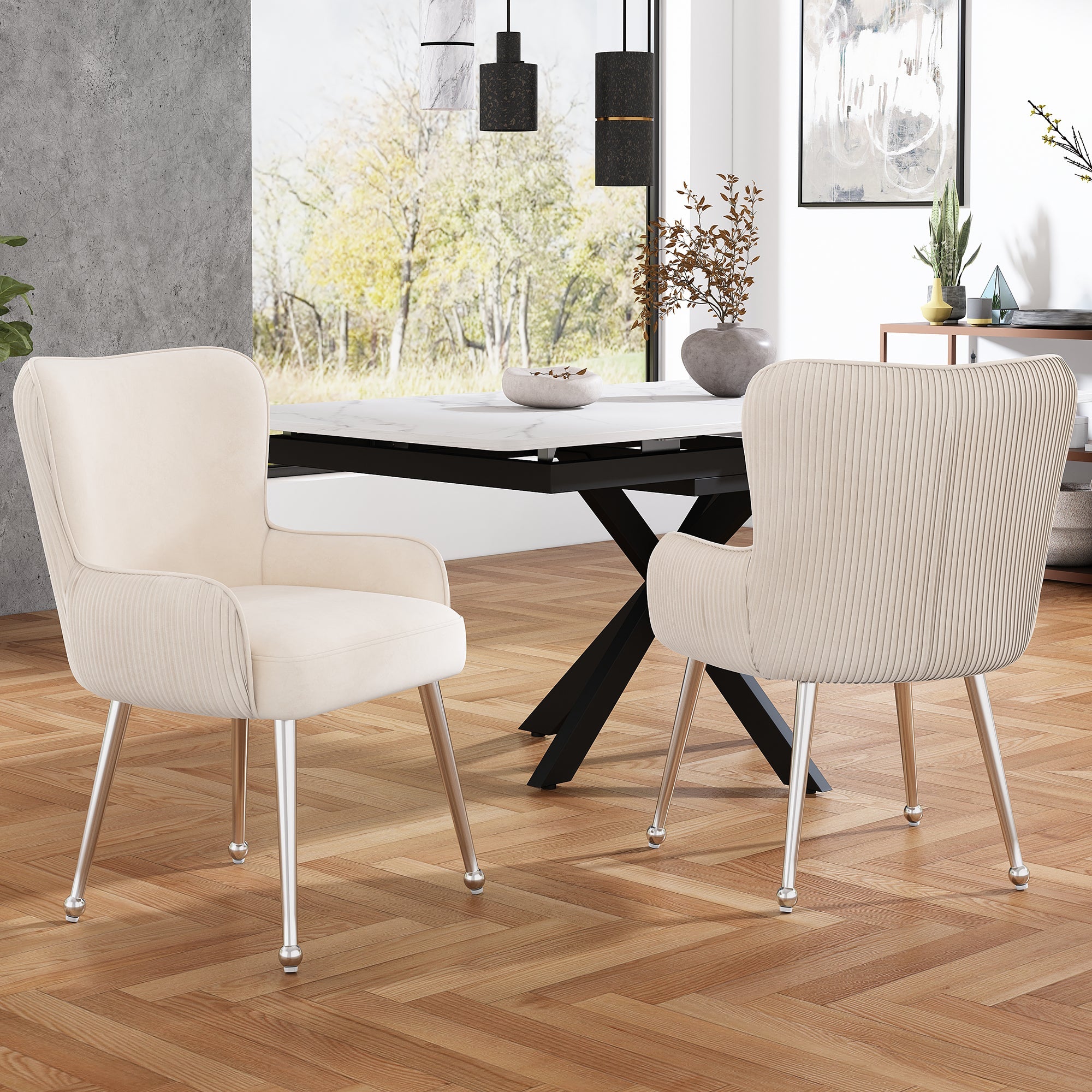 Logidon Velvet eetkamerstoel beige luxe set van vier met armleuningen