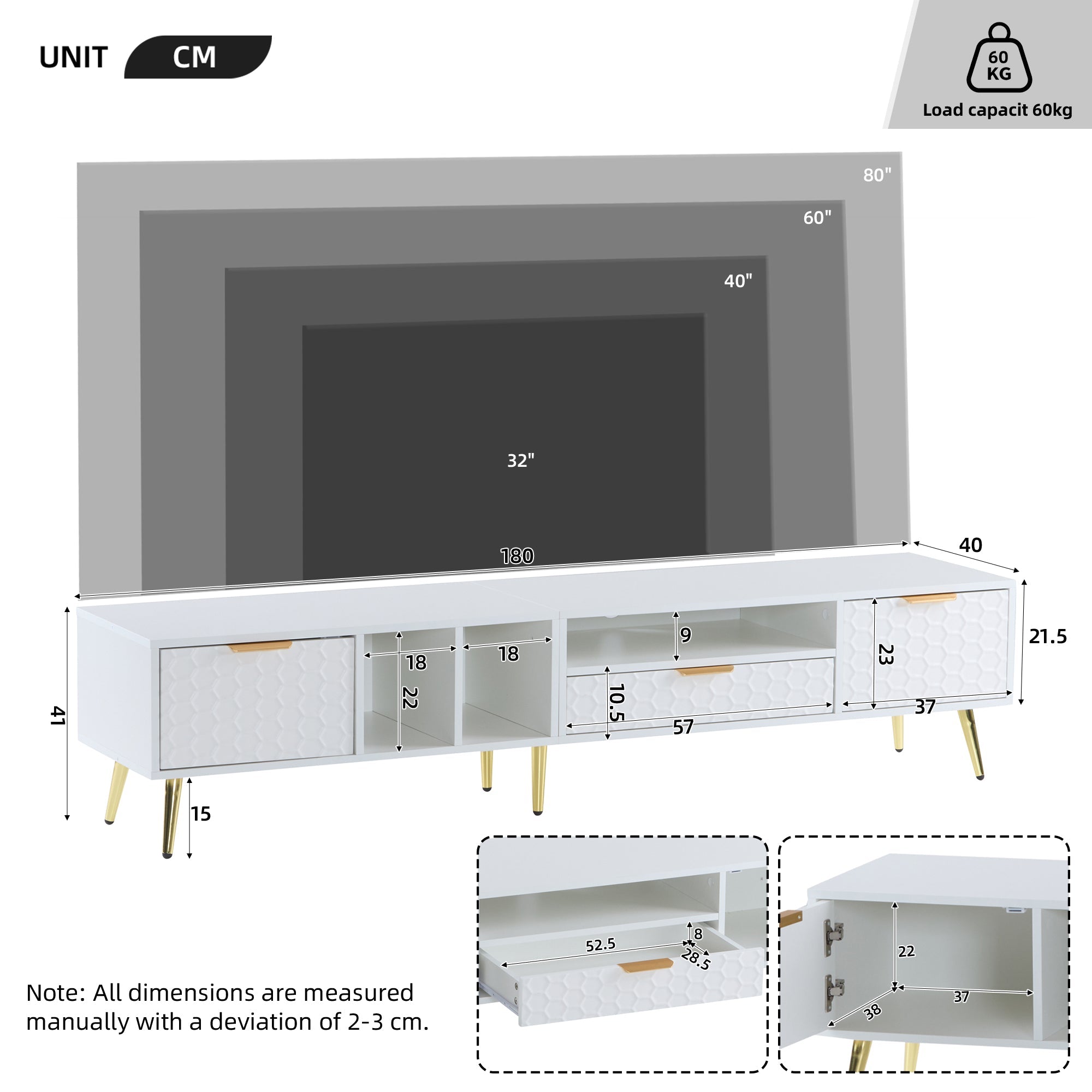 Logidon witte tv-standaard met honingraatpatroon en opslagruimte voor maximaal 80 inch