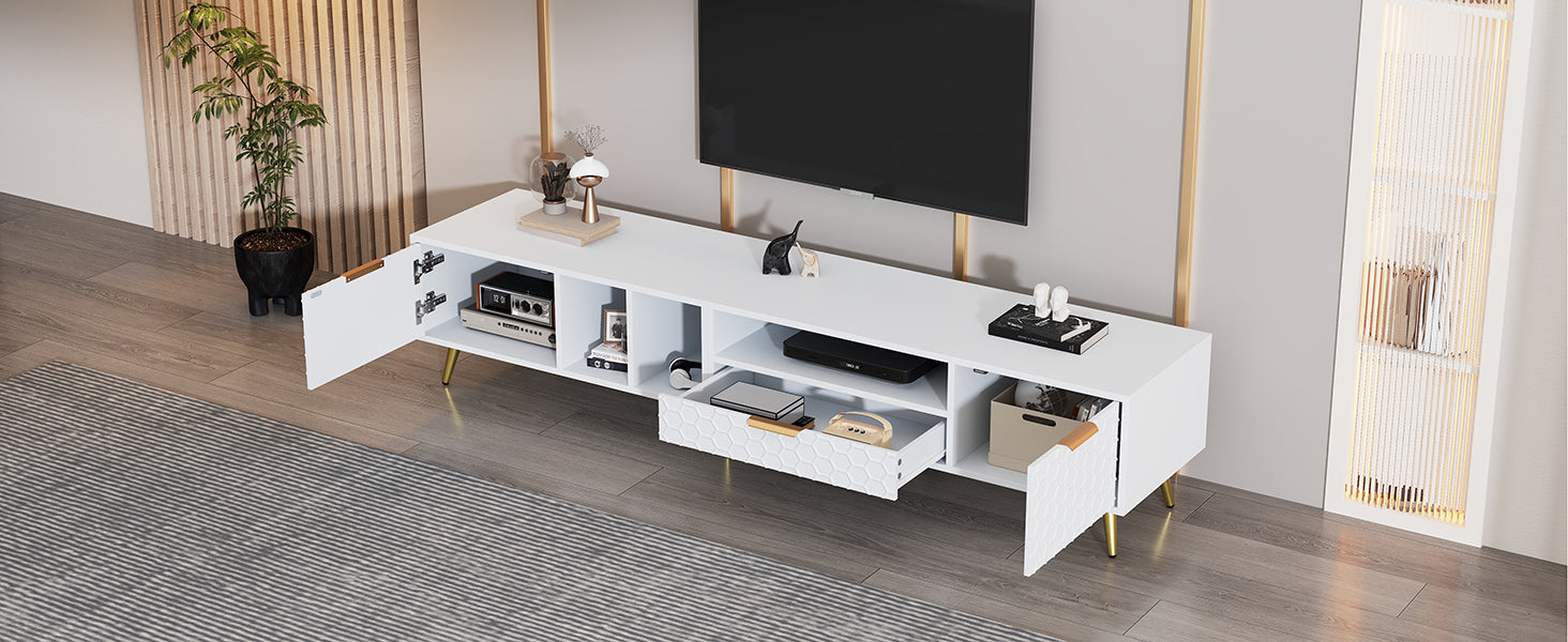 Logidon White TV Stand with Honeycomb Pattern and Storage Space for up to 80 Inches