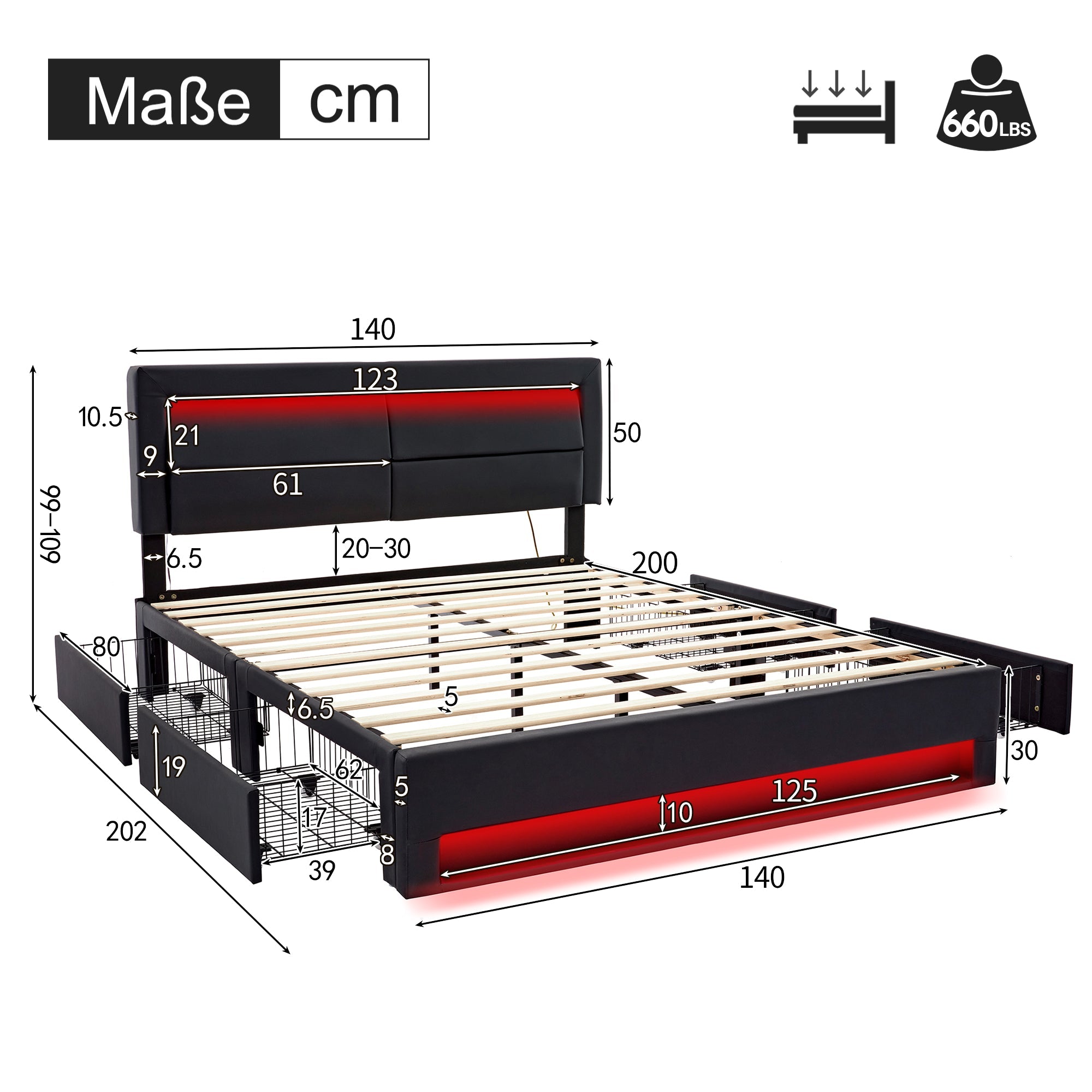Logidon gestoffeerd bed 140x200 met USB-oplaadpoort en LED-verlichting