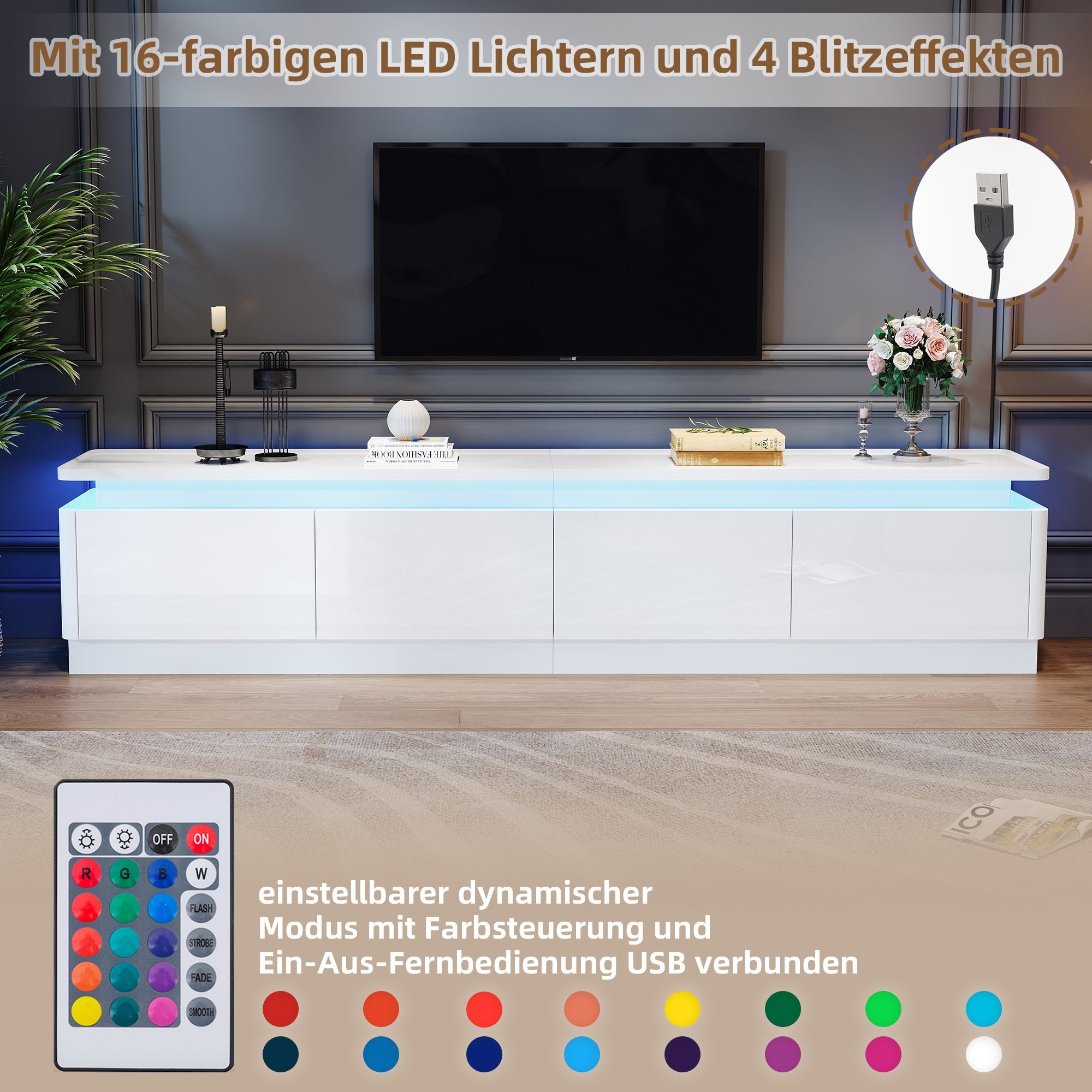 Logidon TV-meubel wit 180x34x40 cm met LED-verlichting 4 lades