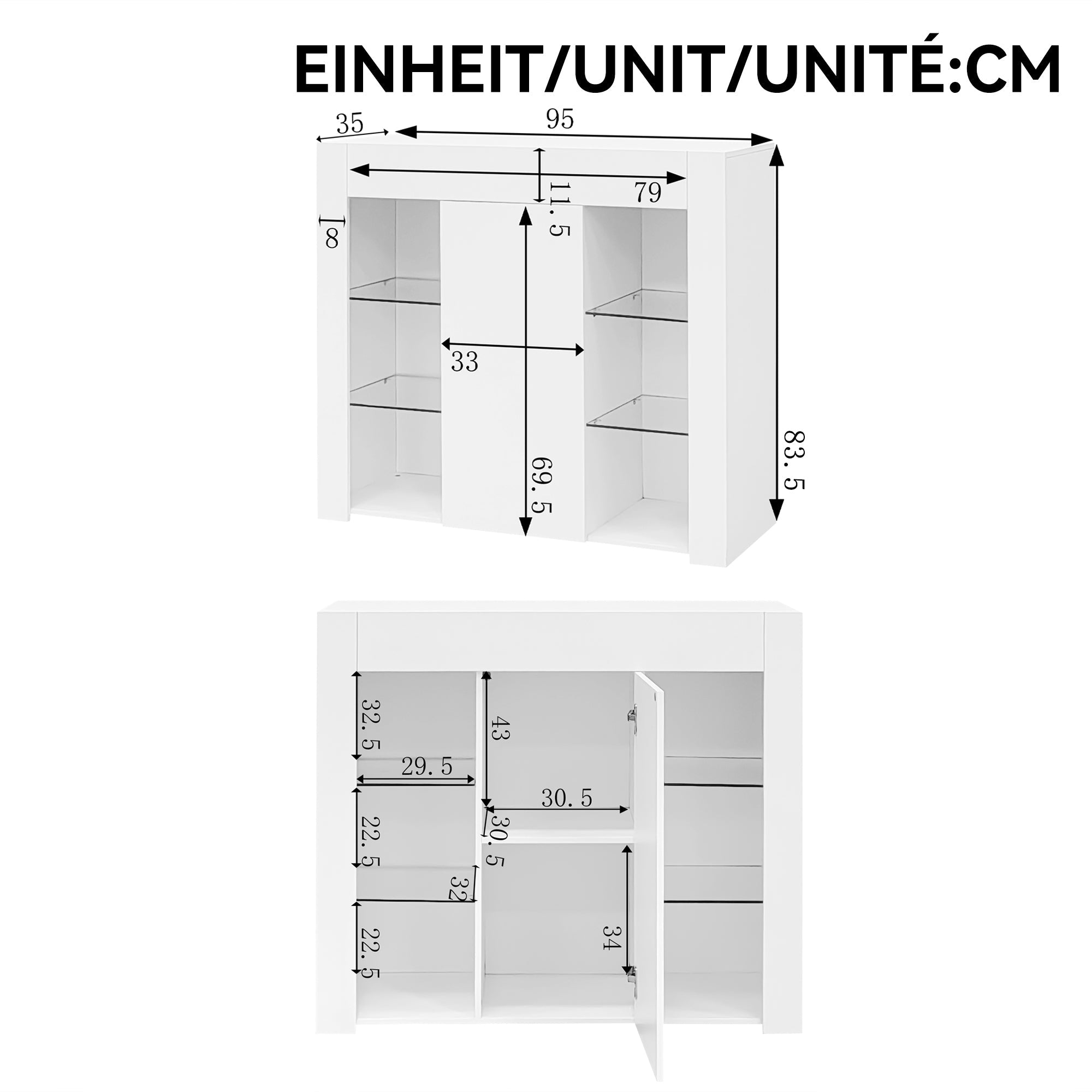 Logidon Modern Wit Buffet Hoogglans Glazen Frontplanken 95x35x83 cm