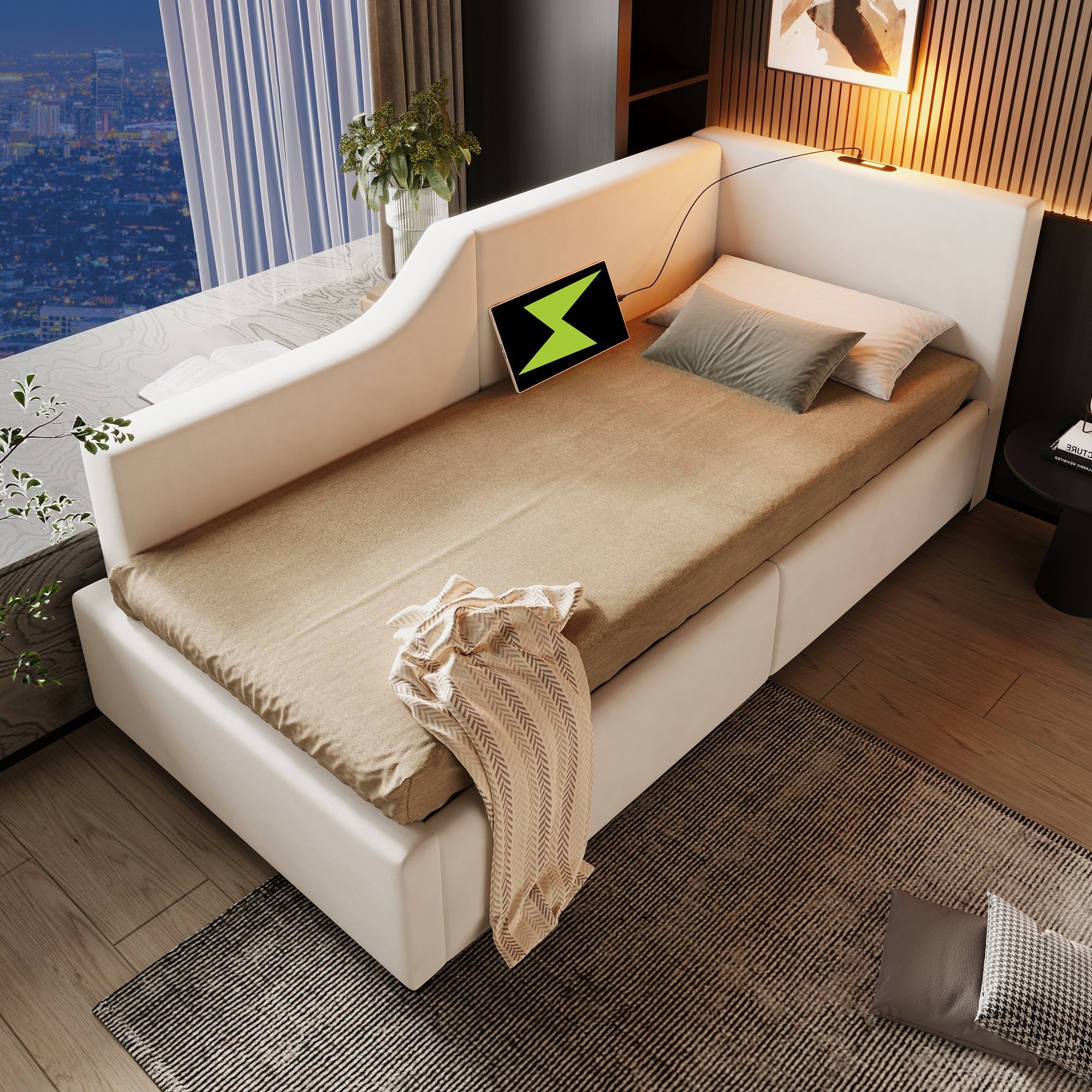 Logidon fluwelen dagbed 90x190 beige met opbergruimte, USB-C, leeslampje