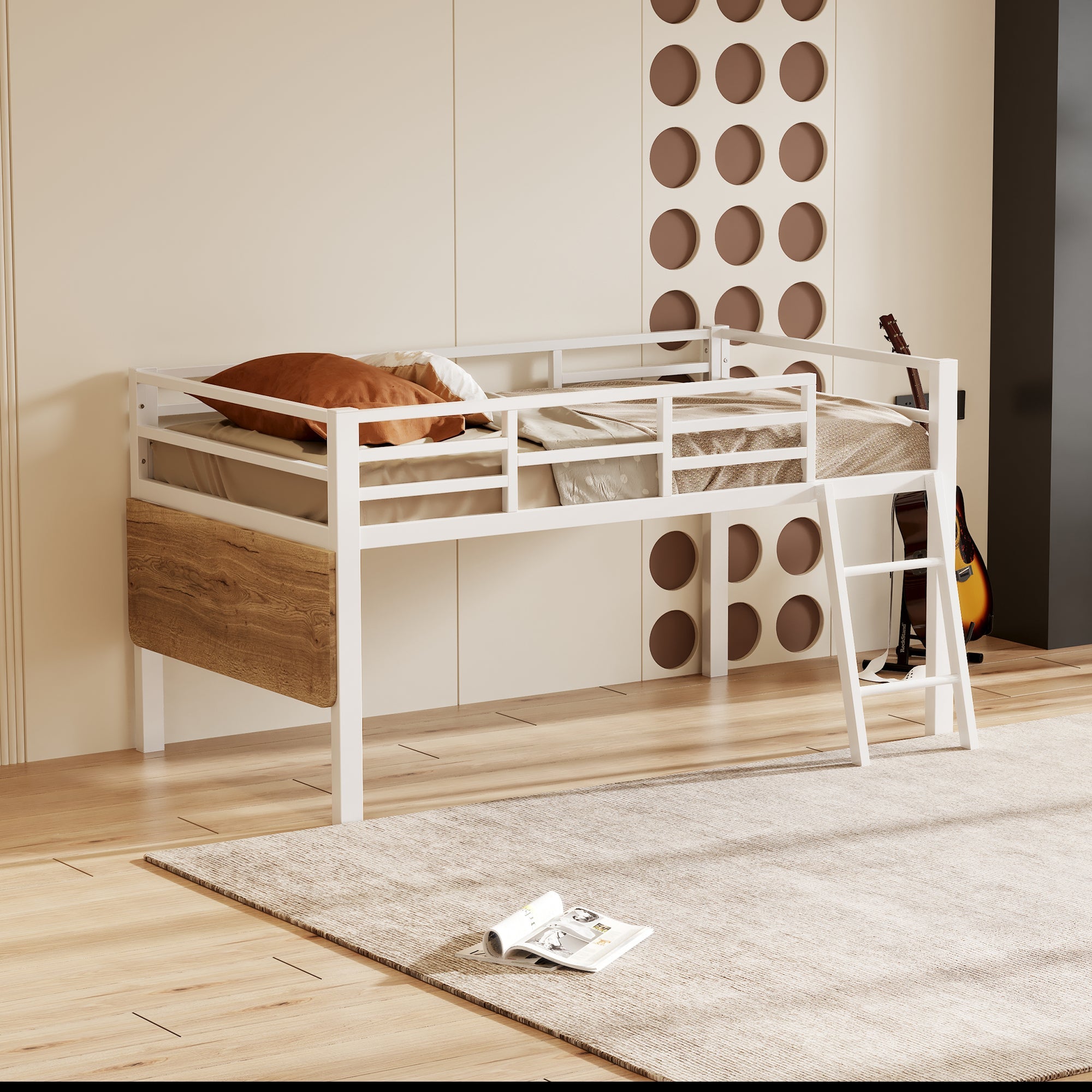Logidon flat bed 90 x 200 cm metal bed white with railing ladder LED