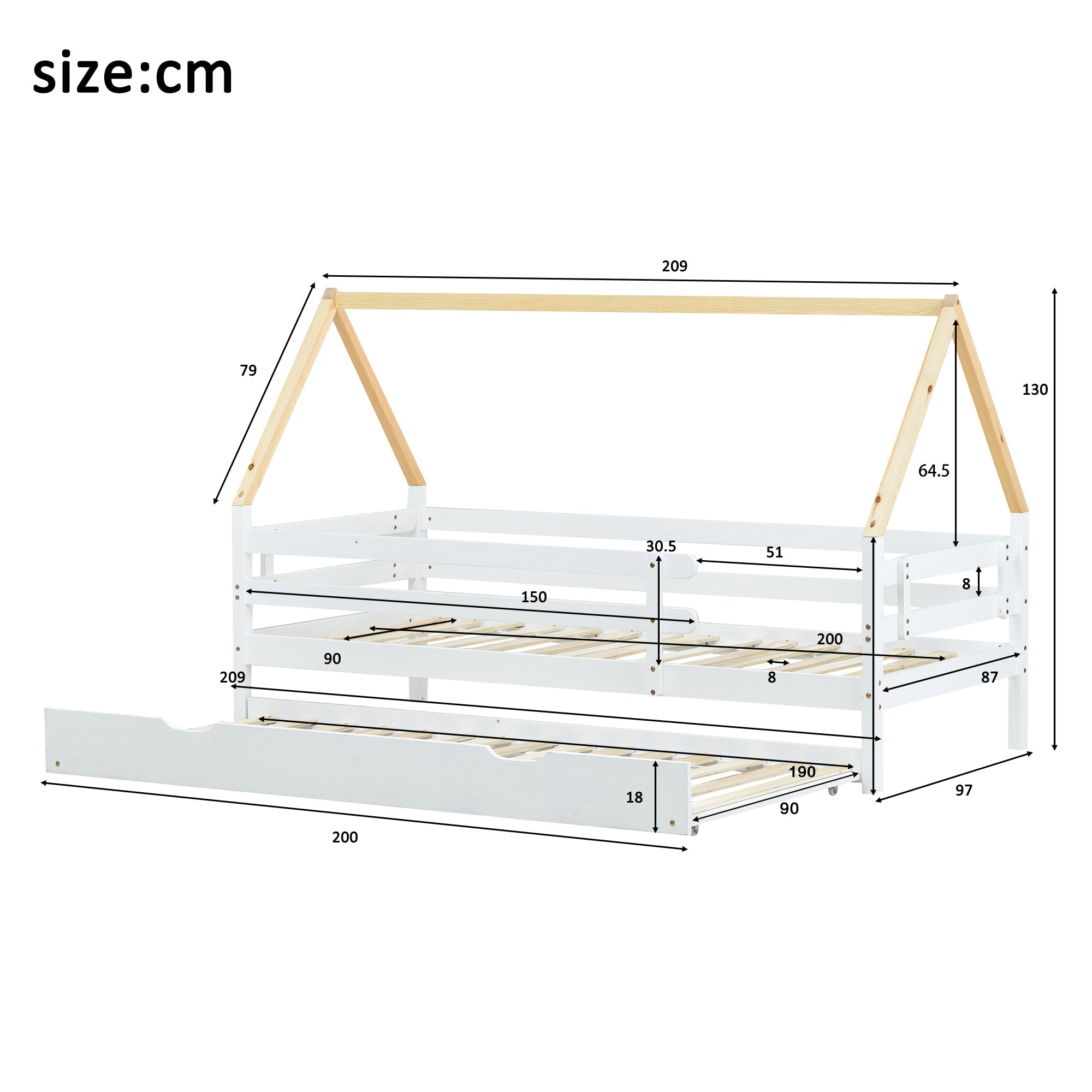 Logidon boomhutbed 90x200 cm wit houten frame met uitschuifbaar bed
