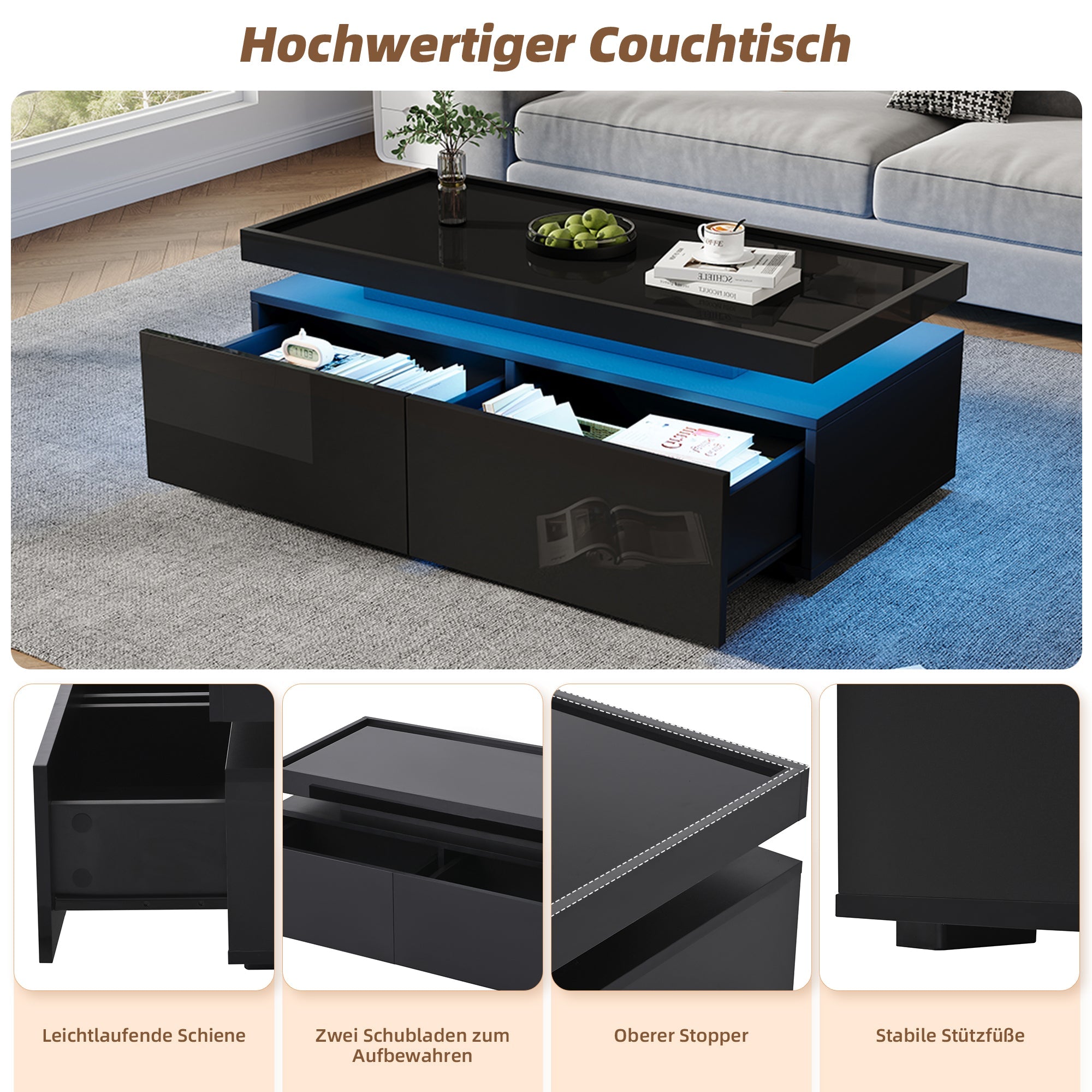 Logidon hoogglans salontafel 95x45x35 cm met LED verlichting zwart