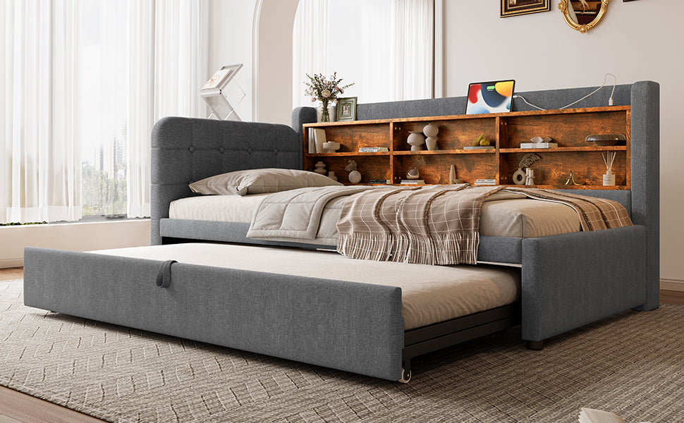 Logidon Daybed 90x200cm grijs linnen uitschuifbare slaapbank USB Type C