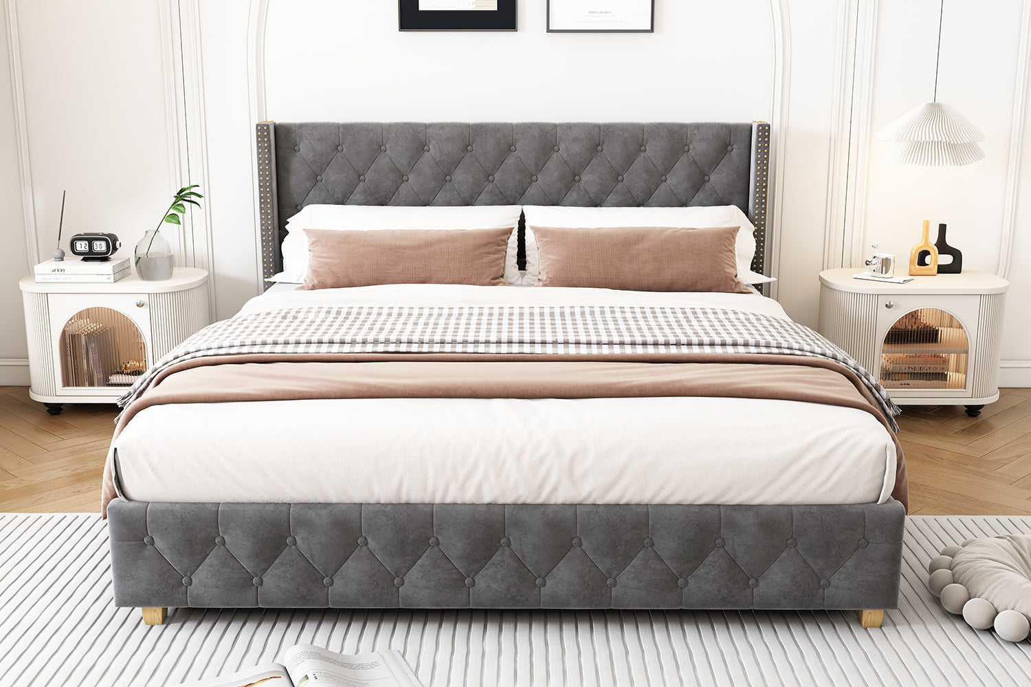 Logidon gestoffeerd bed 140x190 cm veloursgrijs, lattenbodem, hoofdeinde