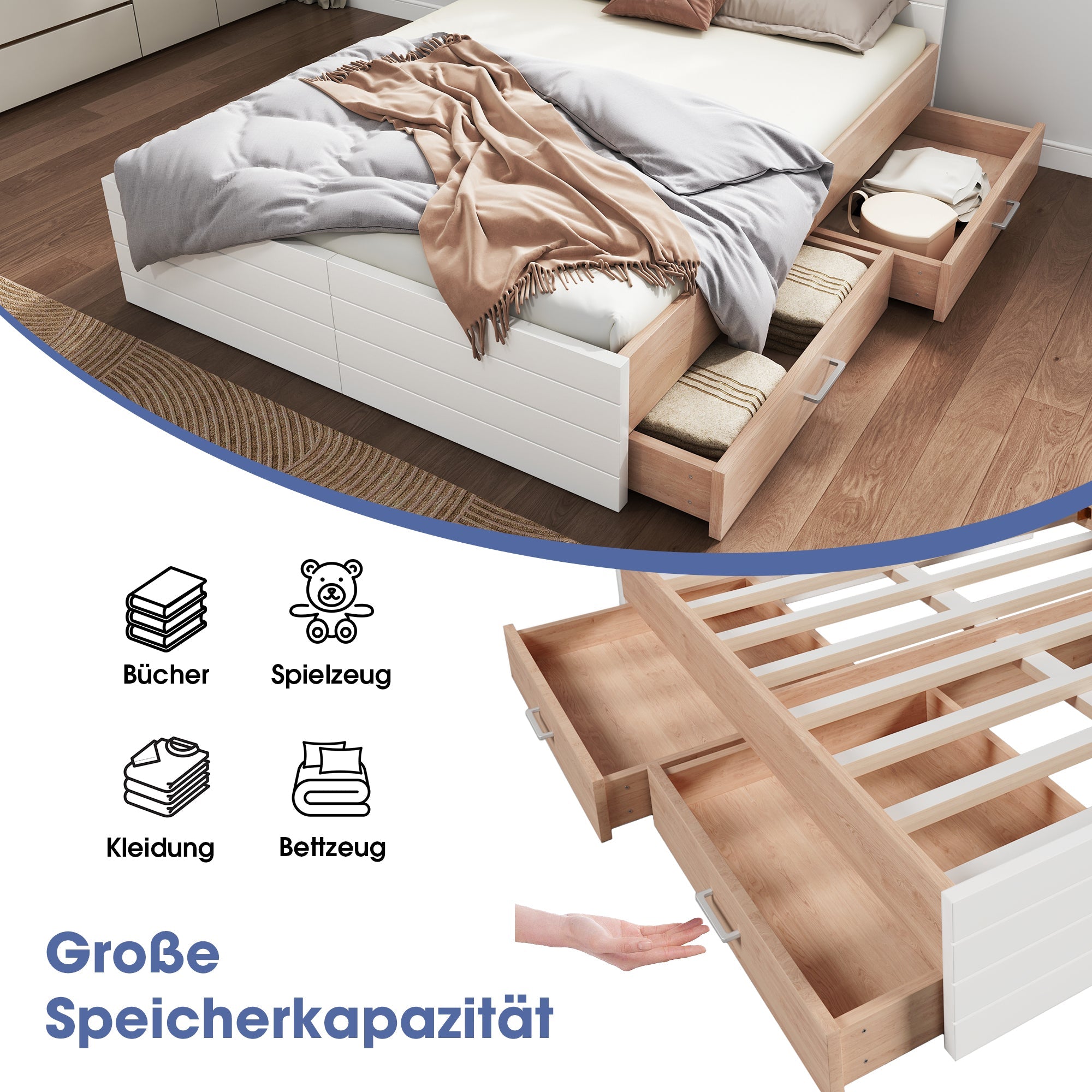 Logidon tweepersoonsbed 160x200 cm wit eiken met lattenbodem en 2 lades